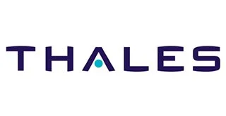 Logo de la société Thales avec le nom en lettres majuscules et un point turquoise entre le A et le L.