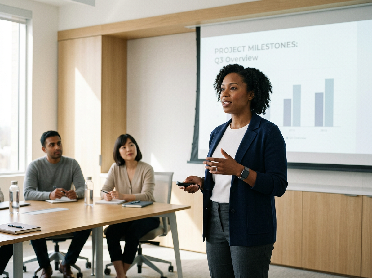 woman leader speaking in corporate meeting