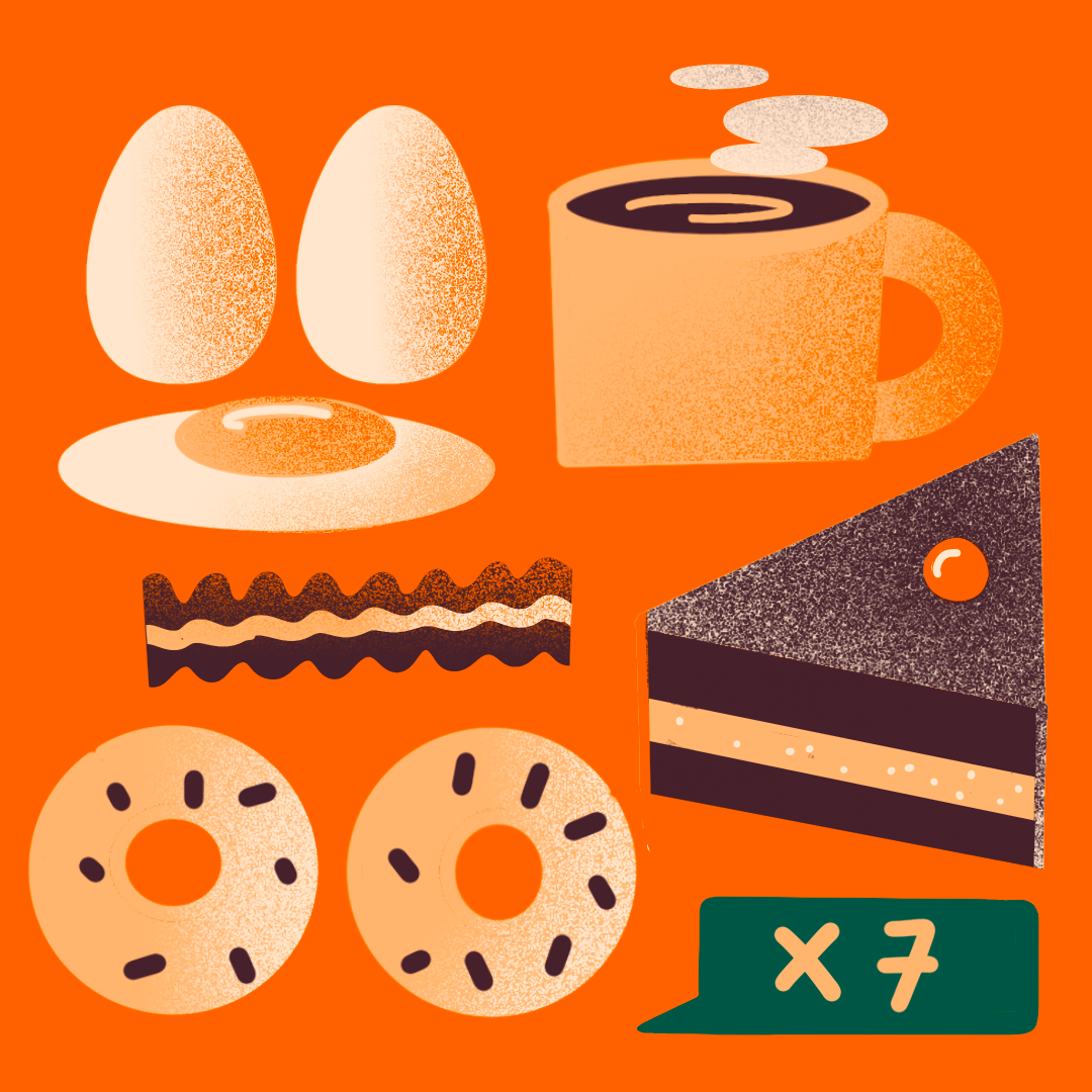 Illustrazione di alimenti per colazione, tra cui due uova, una tazza di caffè, due ciambelle, una fetta di torta e una fetta di salame.