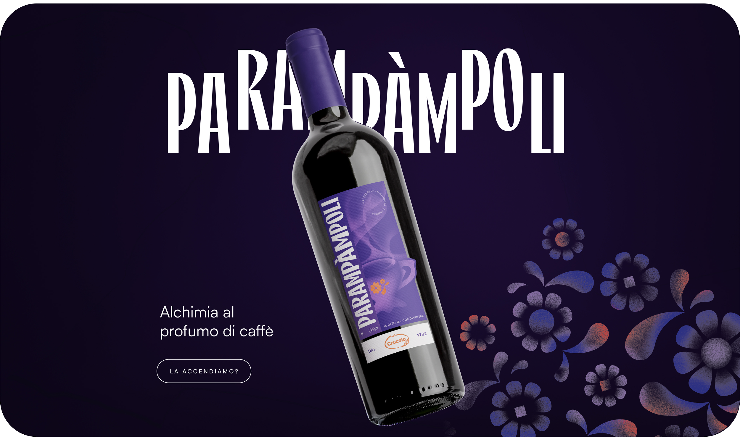 Bottiglia di liquore con aroma di caffè e fiori viola e arancioni sullo sfondo nero e viola con scritte in italiano, tra cui 'PARAMPAMPOLI' e 'Alchimia al profumo di caffè'.