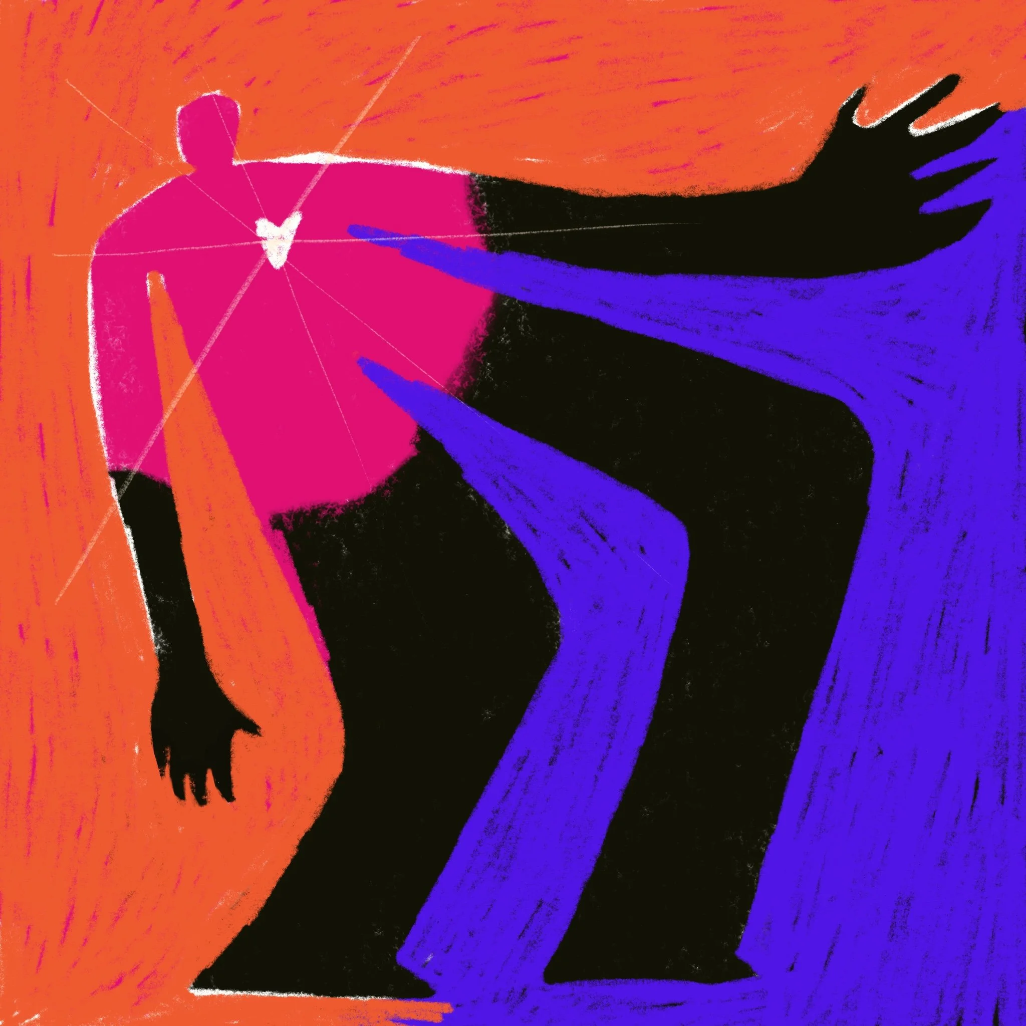 Immagine astratta con figure umane stilizzate, colori vivaci come rosa, blu, nero e arancione, con linee di tracciamento e sfondo colorato.