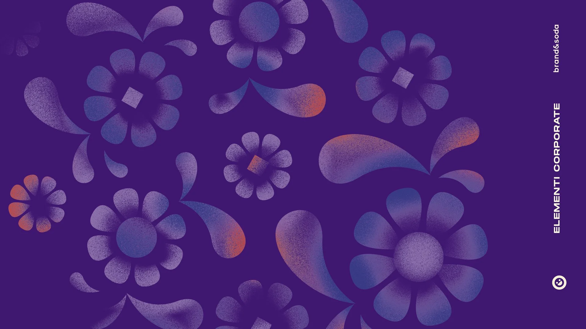 Design astratto con fiori e foglie viola, arancioni e blu su sfondo viola scuro, con testo in verticale 'Elementi compositivi e 'brandi.soda'.