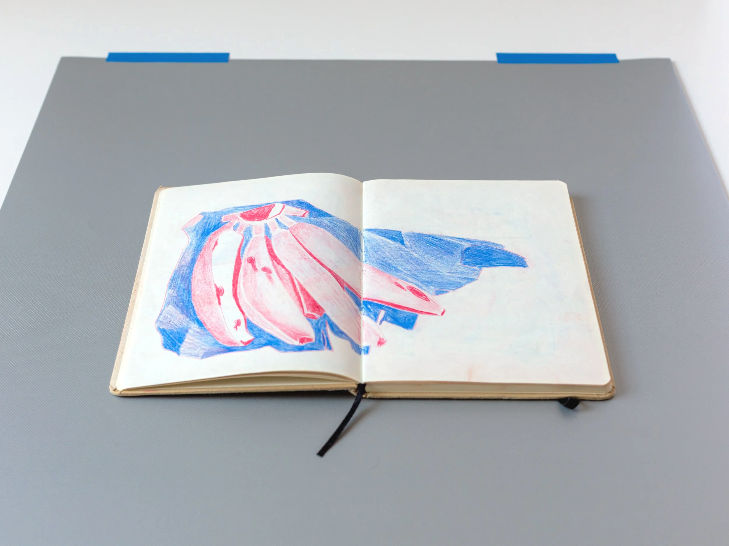 Libro aperto con disegno colorato di un casco di banane rosso e blu.