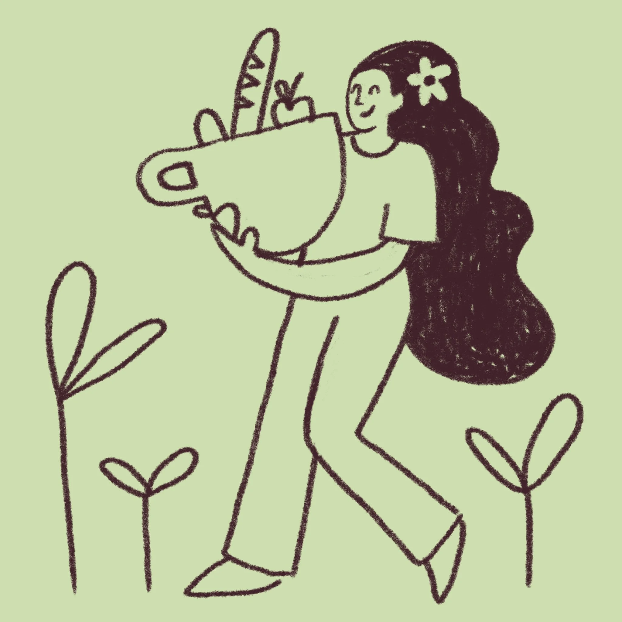 Schizzo disegnato a mano di una ragazza con i lunghi capelli neri, che sorride mentre tiene un dito alzato e una pentola con erba in mano.