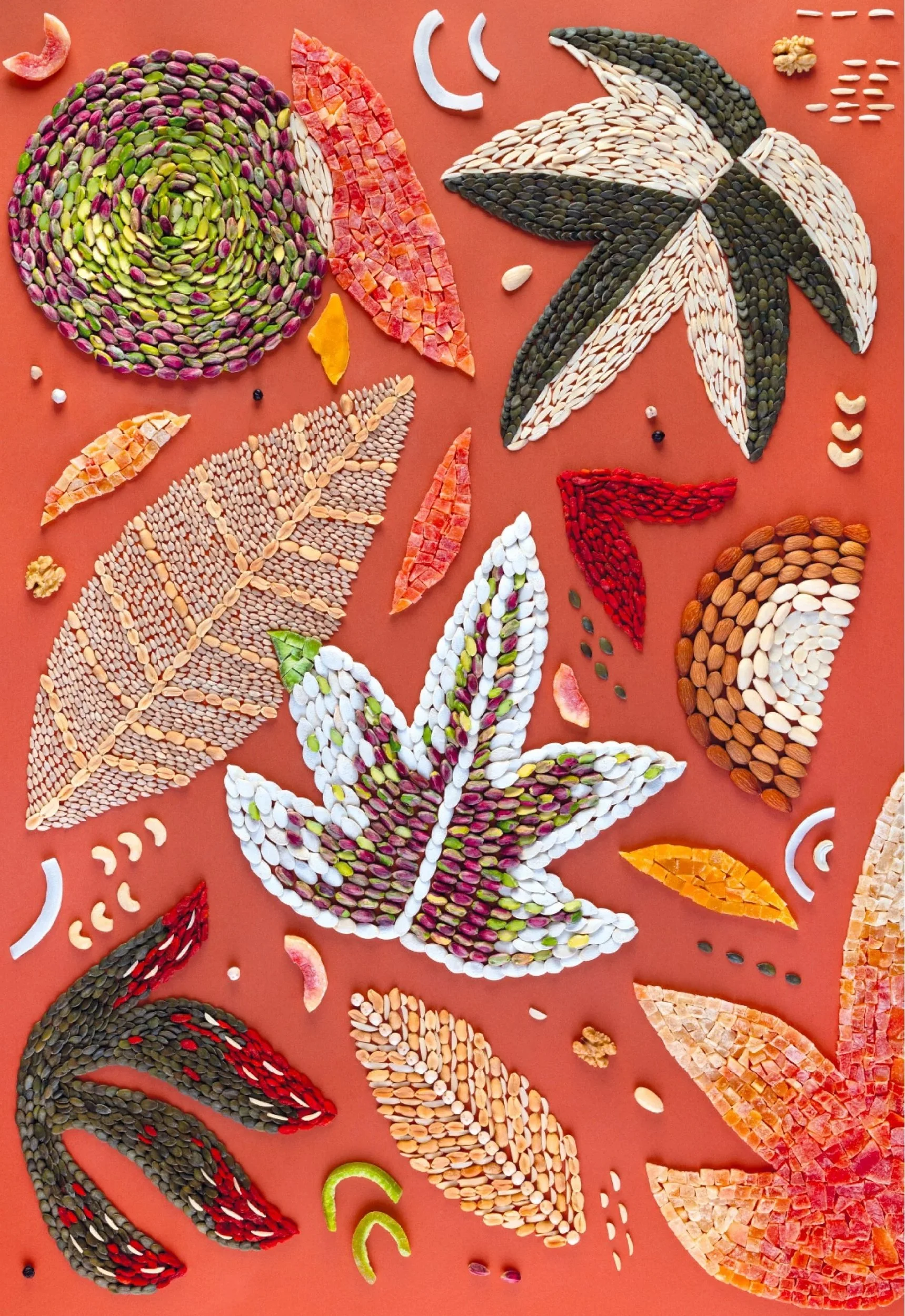 Immagine di un mosaico di foglie e fiori realizzato con semi, cereali e petali di fiori colorati su sfondo rosso.
