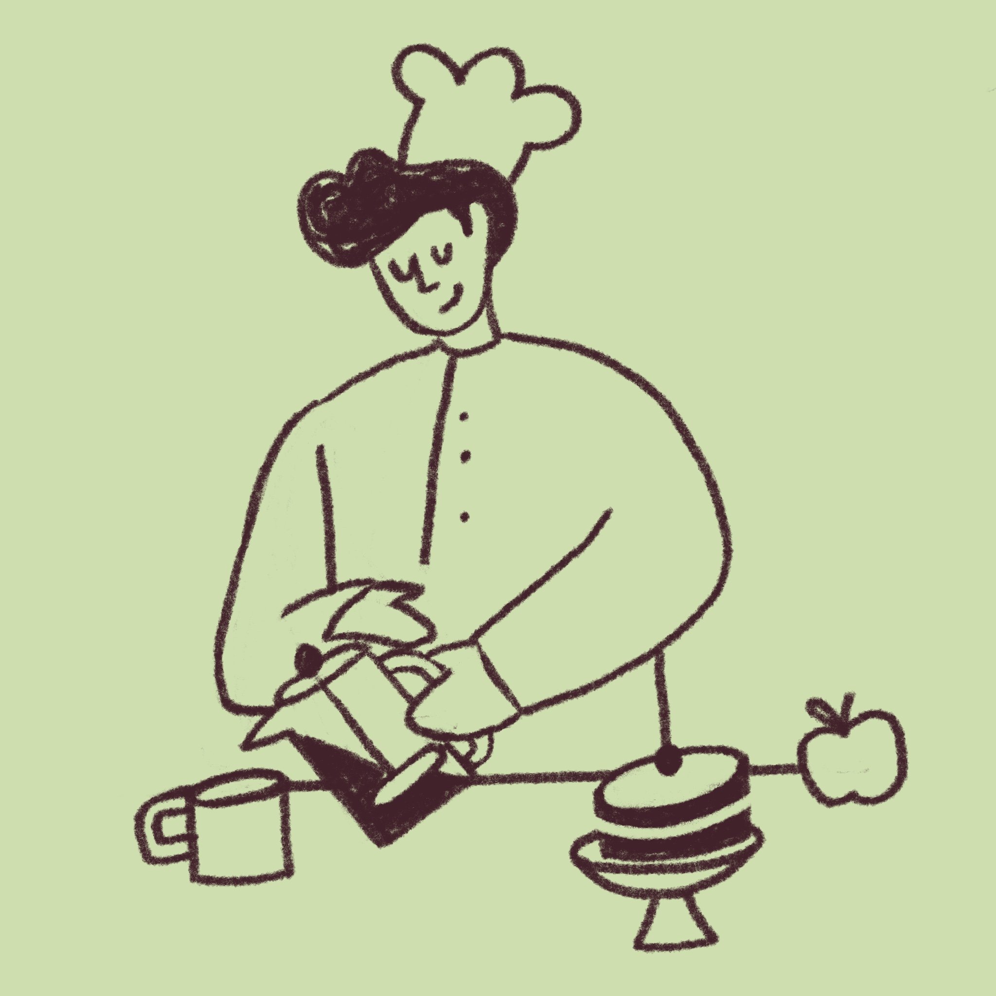 Disegno a punta di matita di una persona con occhiali e capelli ricci, seduta al tavolo mentre sorseggia da una tazza, con una bacchetta magica in mano e un cappello da mago alla moda.