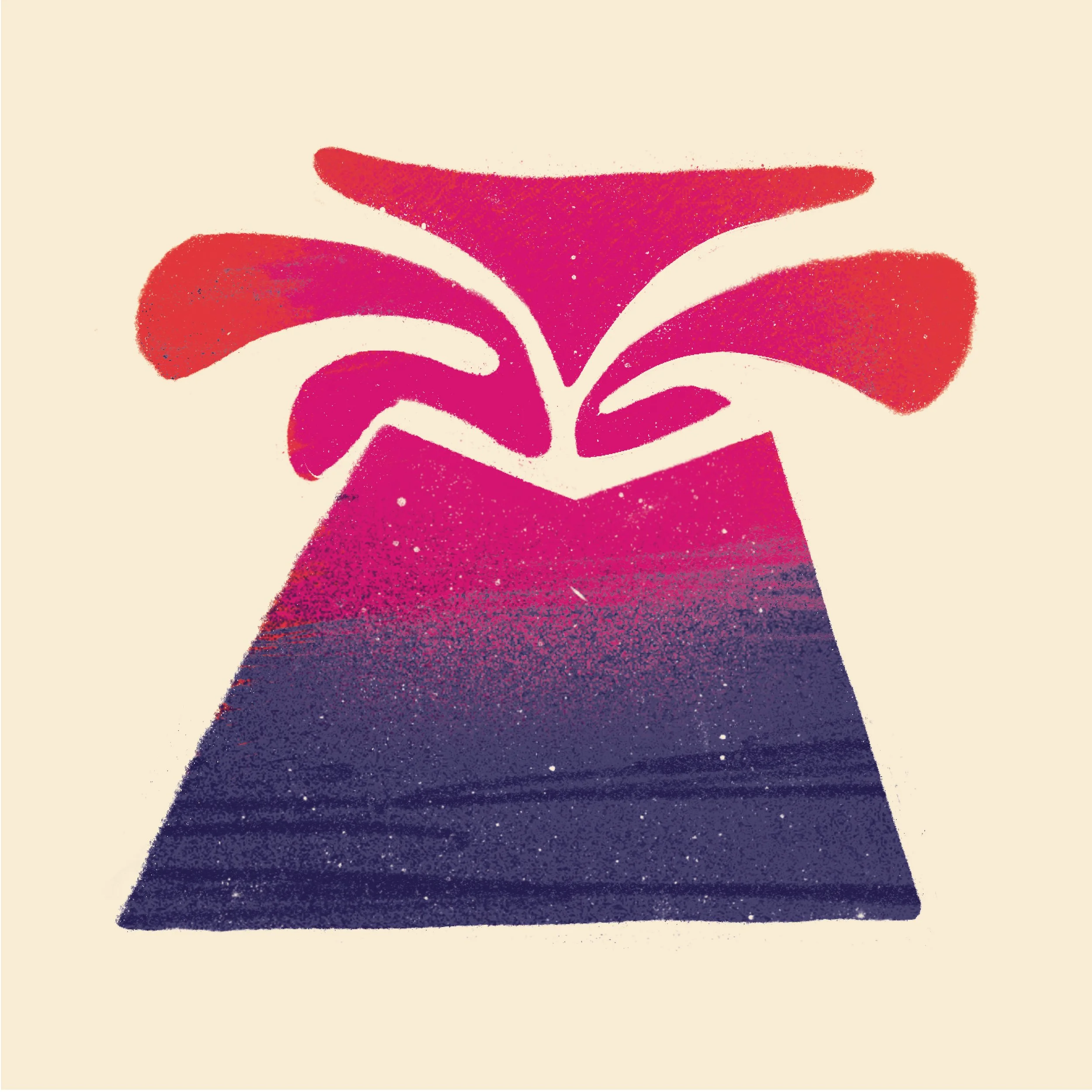 Immagine di un volto stilizzato con linee curve e colori rosa, rosso e blu su sfondo beige.