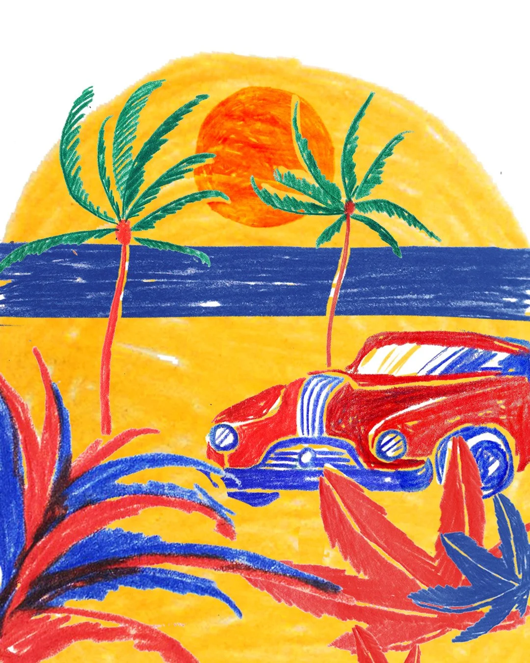 Disegno colorato con un tramonto sul mare, due palme e una macchina rossa tra vegetazione stilizzata.