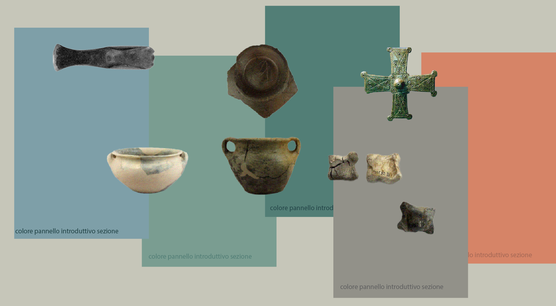 Immagine con vari oggetti archeologici disposti su uno sfondo diviso in sezioni colorate. La sezione a sinistra ha uno sfondo blu con oggetti di ceramica e pietra, quella centrale ha sfondo verde con altri oggetti di pietra, e quella a destra ha sfondo arancione con piccoli frammenti.
