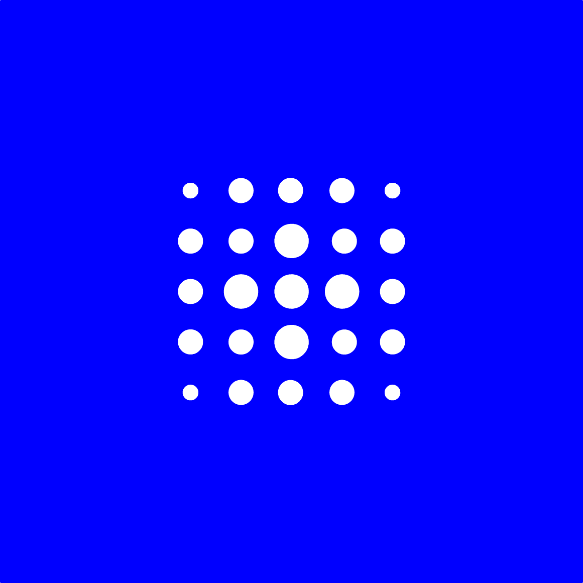 Schermata blu con un pattern di cerchi bianchi di varia dimensione disposti in una griglia.