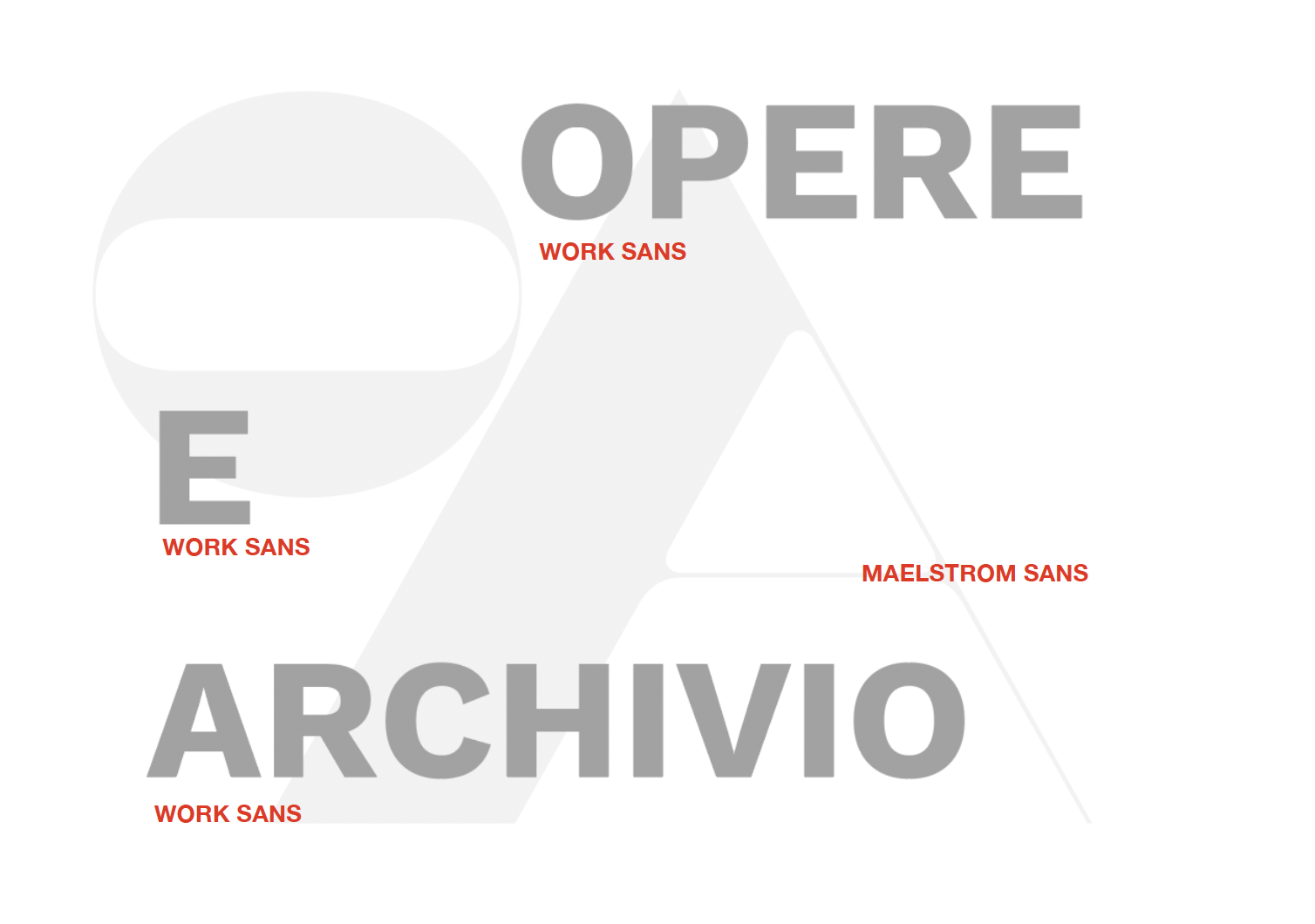 Grafico con le parole 'OPERE', 'ARCHIVIO' e le parole 'WORK SANS' e 'MAELSTROM SANS' scritte in rosso, sovrapposte a uno sfondo di forme geometriche leggere.