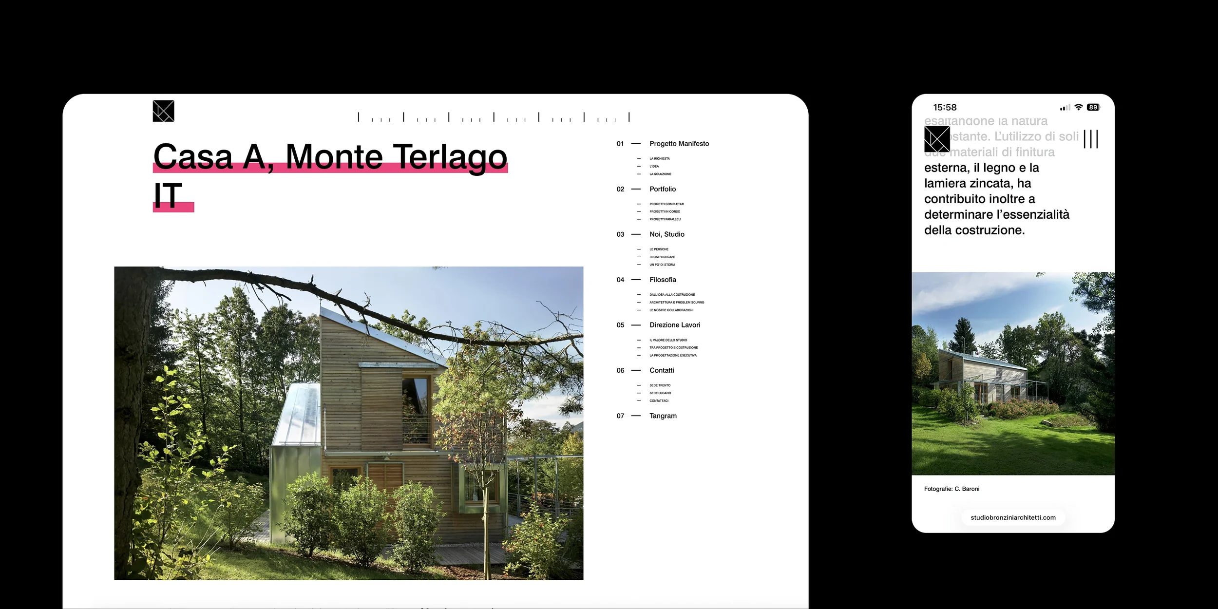 Pagina di un documento con il titolo "Casa A, Monte Terlago IT" e un'immagine di una casa di legno circondata da alberi, con un'area verde e una scena naturale, completa di un albero in primo piano e il cielo azzurro.