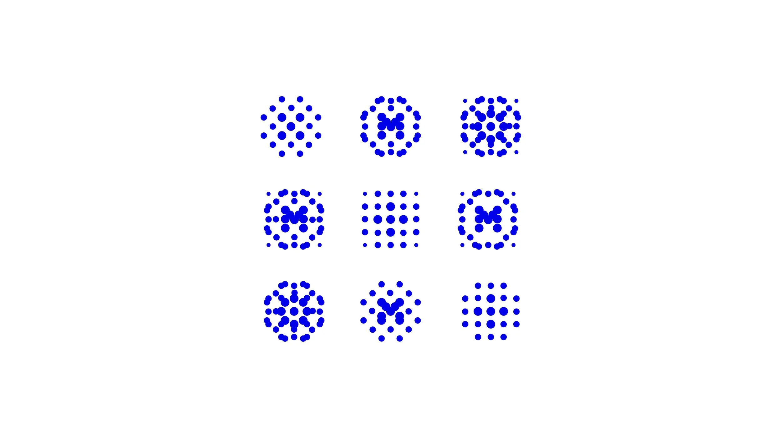 Schema di vari modelli di occhiali da vista stilizzati in punti blu su sfondo bianco.
