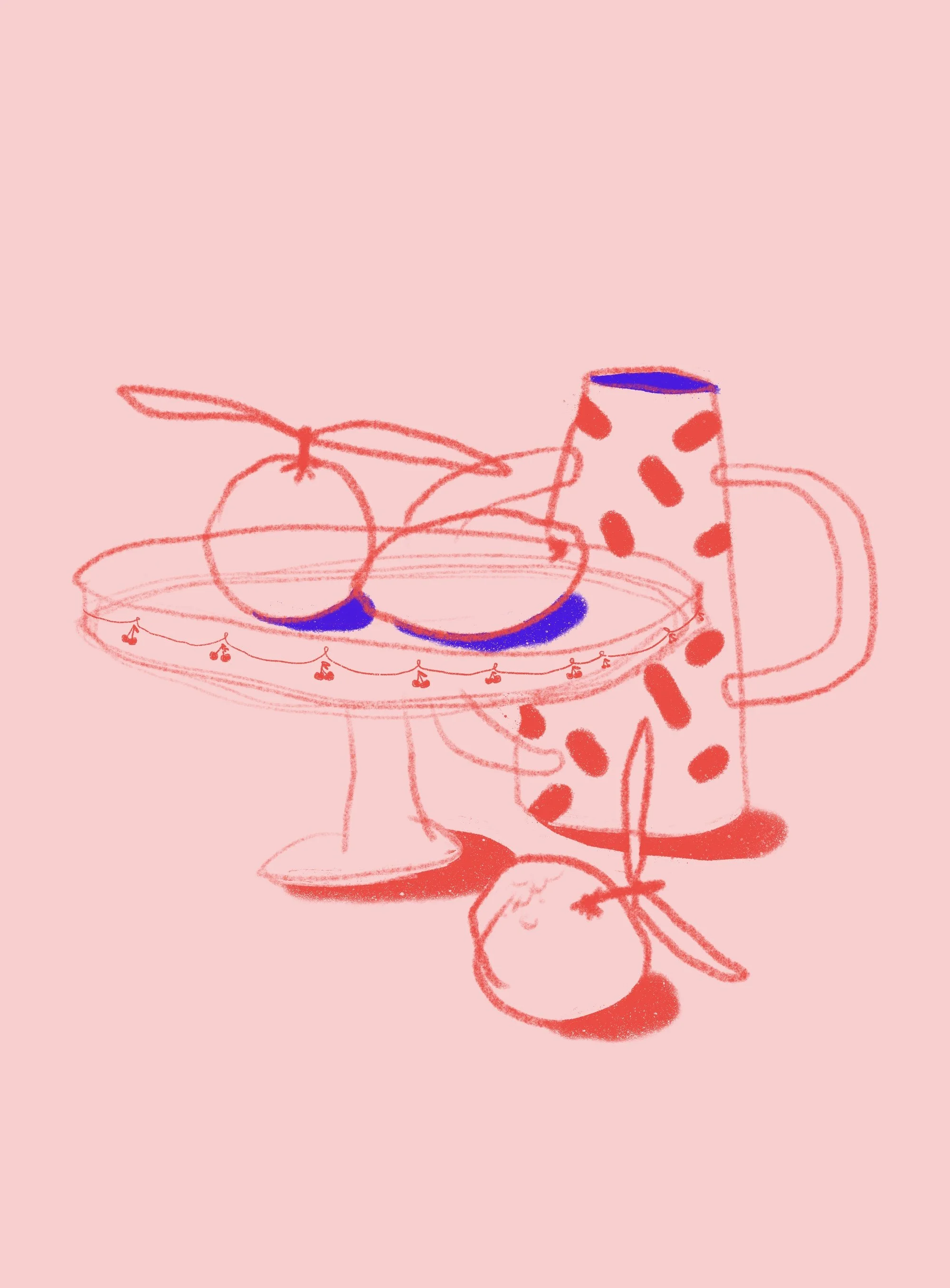 Illustrazione di un gatto triste che si siede sotto una tazza pipe con una foglia, su un tavolo con una tenda decorativa di cuori.