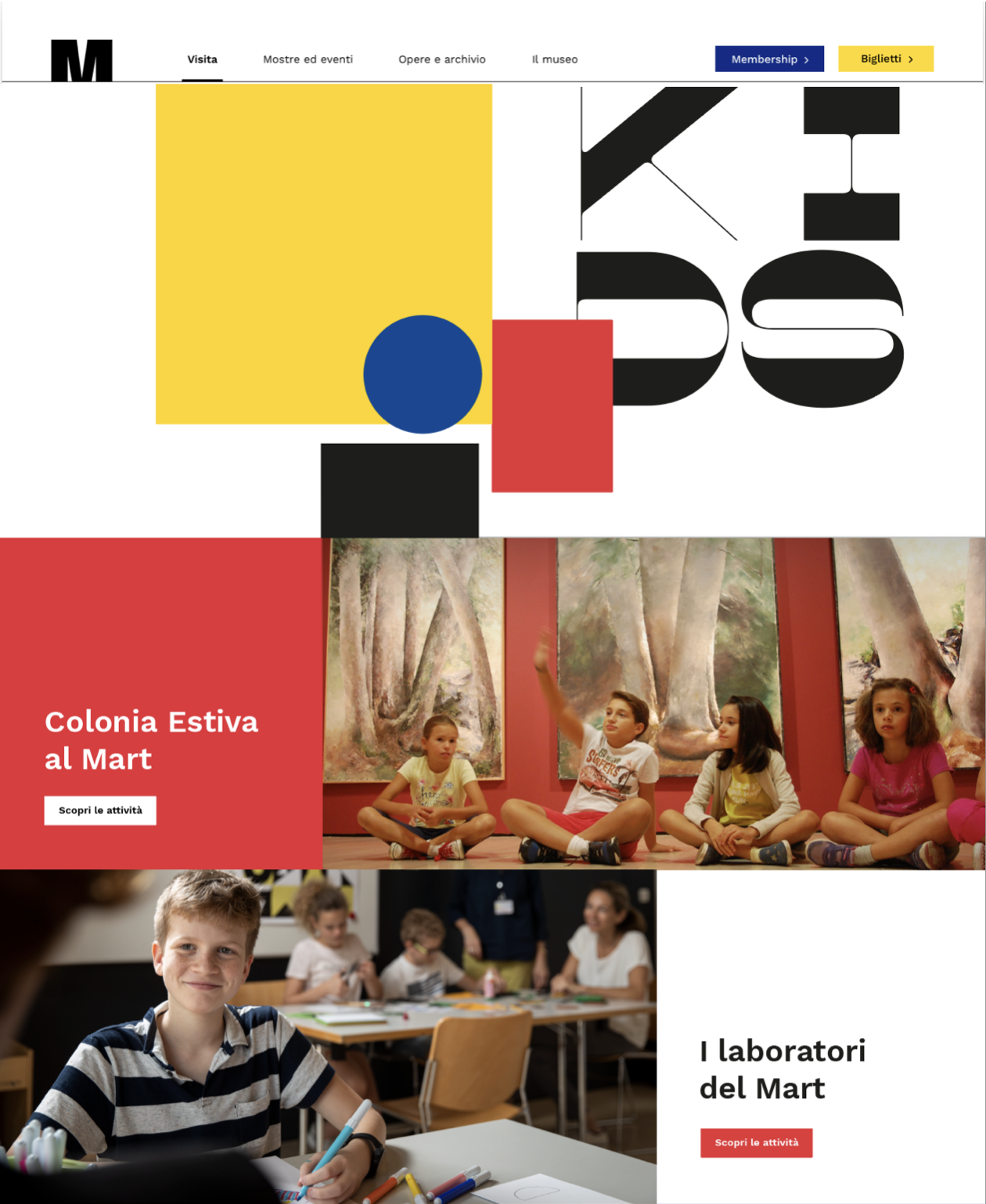 Il sito del Museo Mart con sezioni per visite, mostre, opere e archive, e informazioni su eventi, membri e biglietti. Immagini di bambini in attività estive e laboratori didattici.