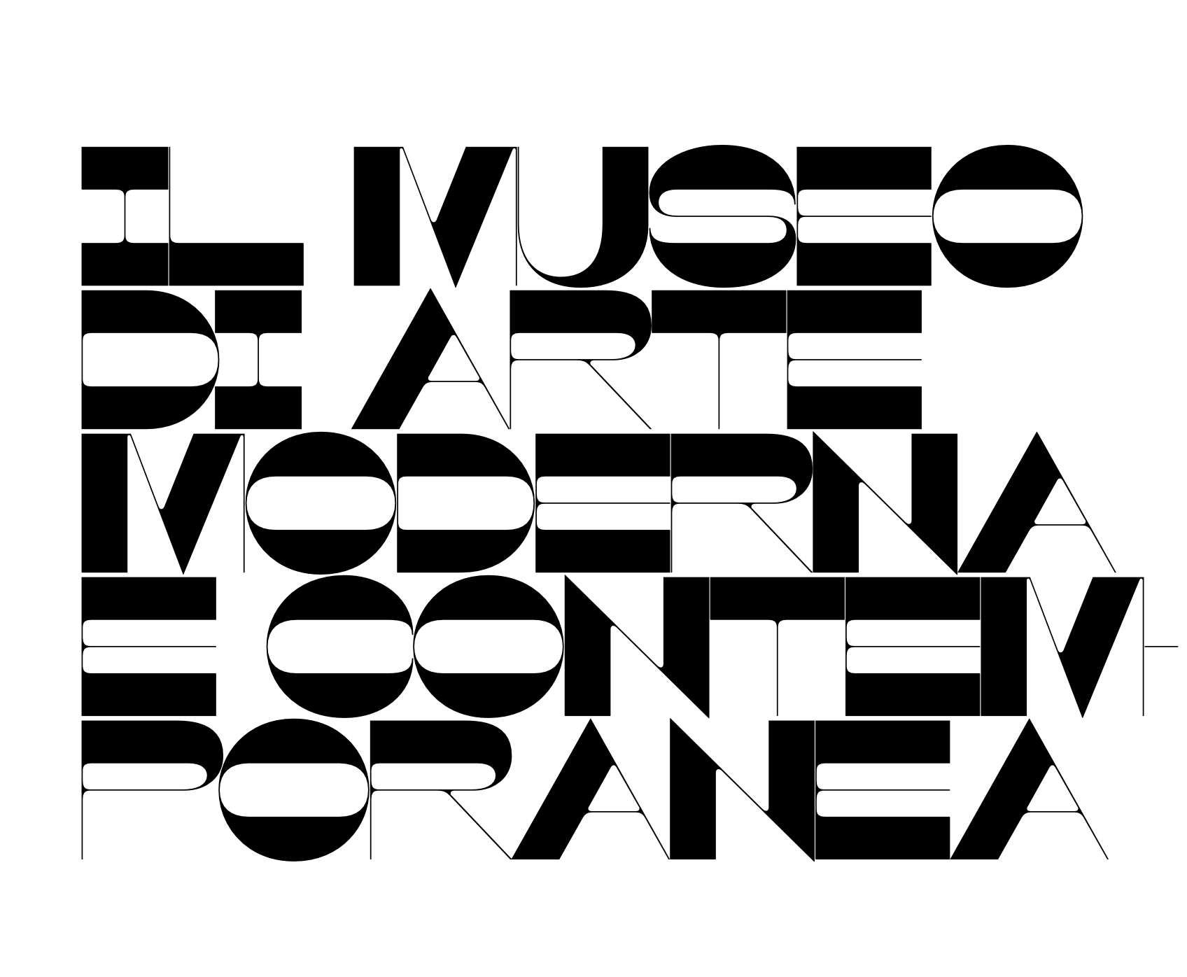 Il testo dell'immagine dice: "Il Museo d'Arte Moderna di Mexico" in uno stile artistico e geometrico, con lettere nere su sfondo bianco.