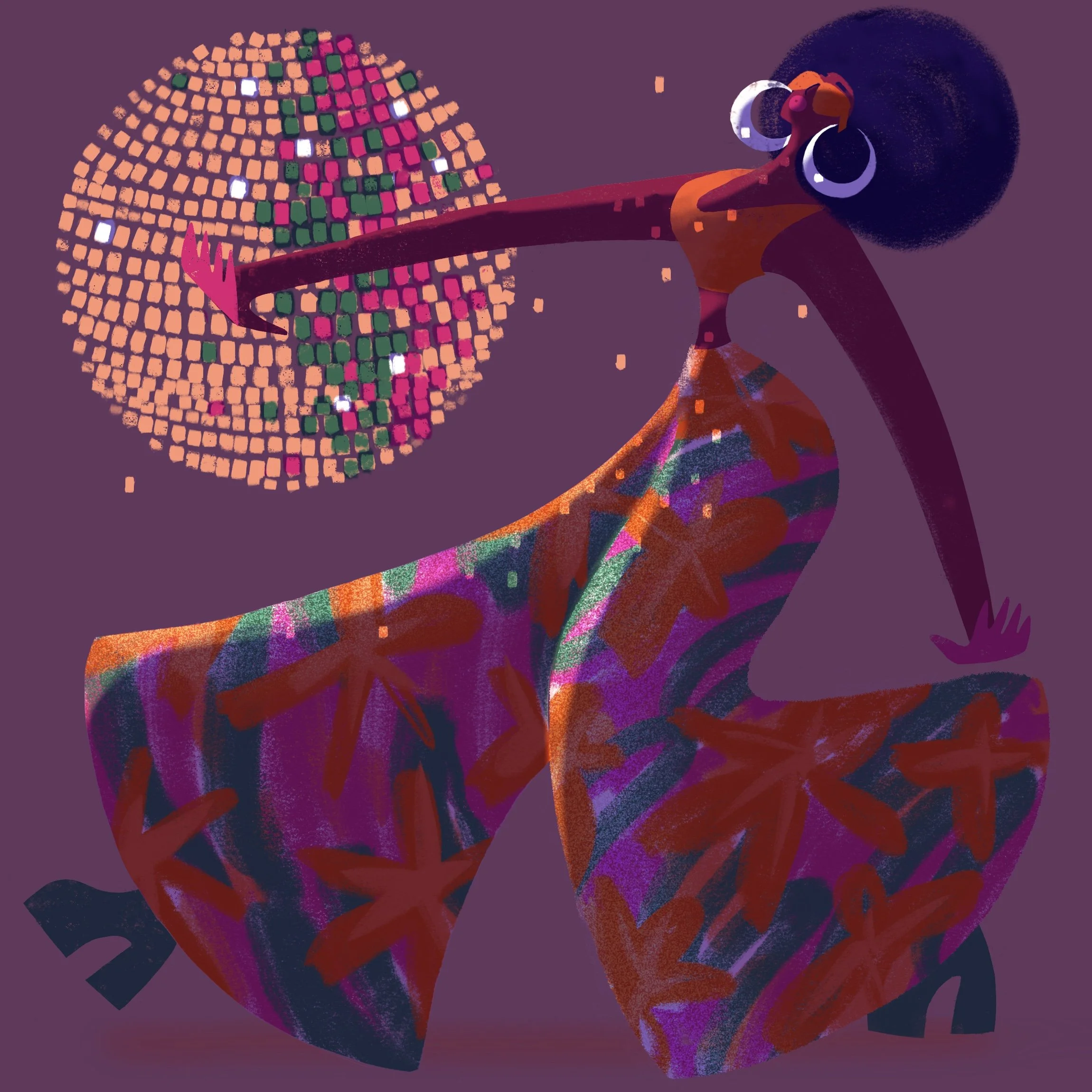Disposizione astratta di un'artista afroamericana con capelli afro, che indossa grandi cuffie e un vestito colorato, con una sfera di pixel colorati sospesa davanti a lei su uno sfondo viola.