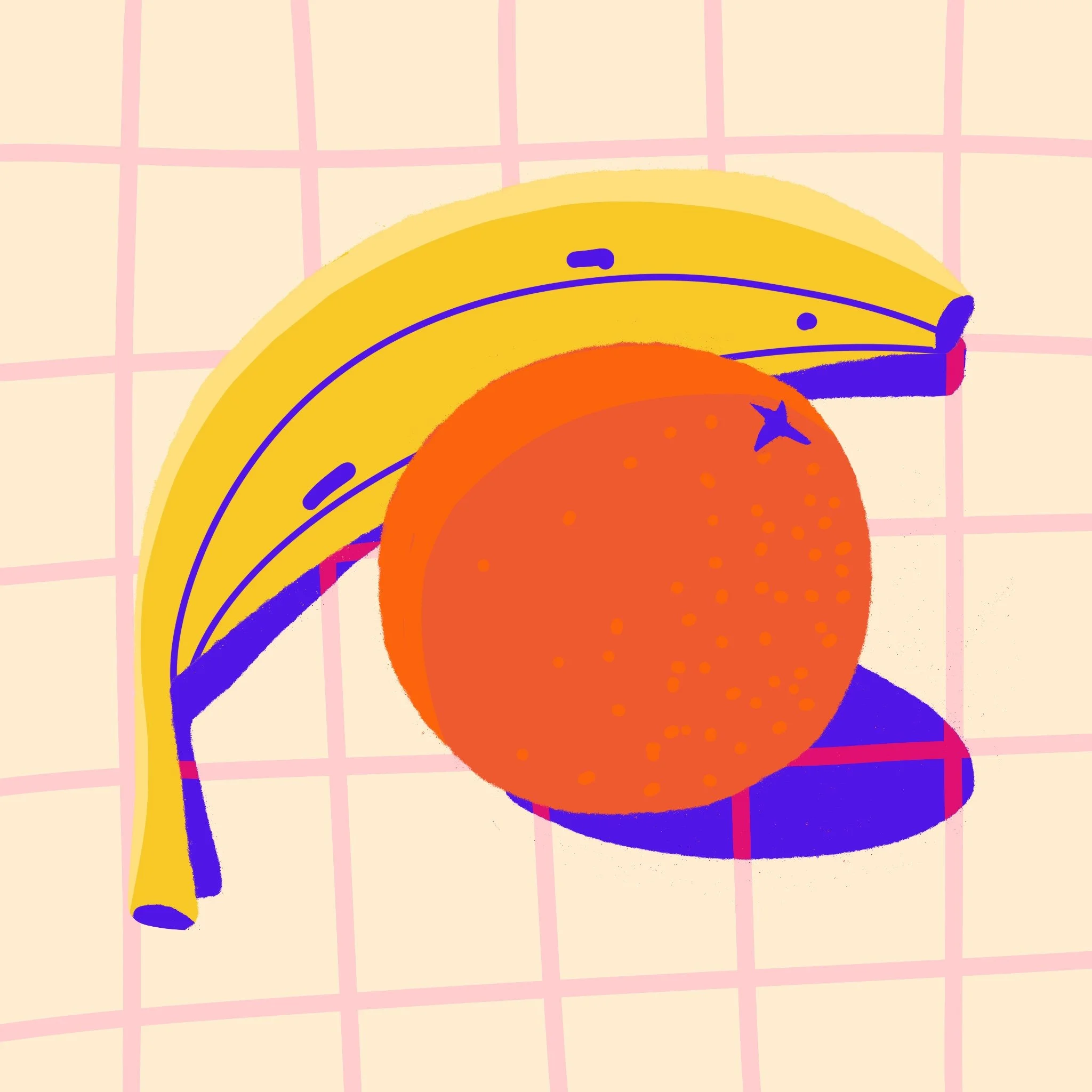illustrazione astratta con archi di colori caldi come arancione, giallo e viola, su sfondo a quadretti rosa e beige