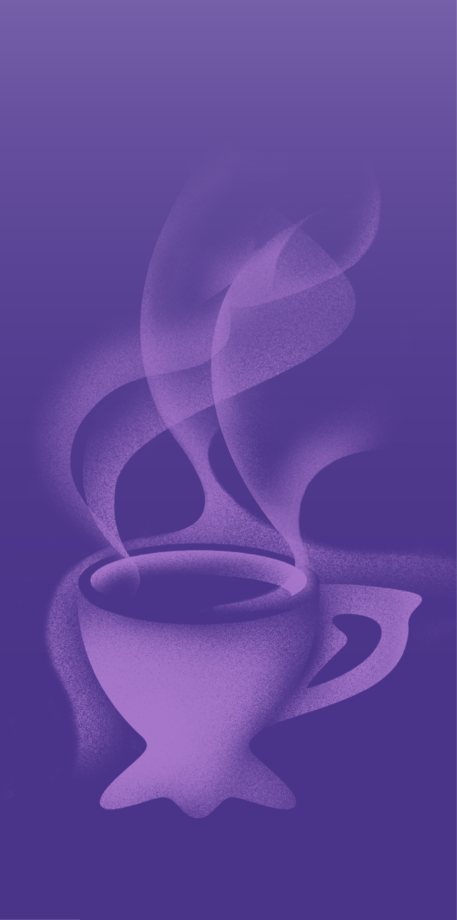 Tazza di caffè con fumo viola che si alza, sfondo viola con forme astratte