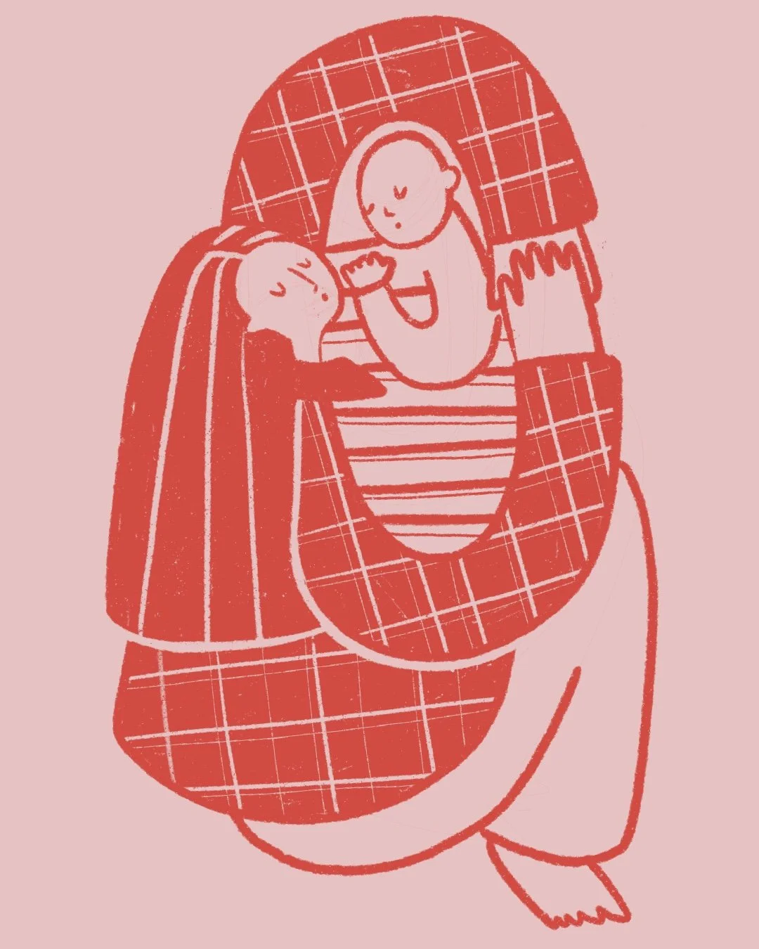 Disegno stilizzato di due personaggi, uno con capelli lungo e un altro senza capelli, seduti in una culla con coperte a quadri, con uno di loro che dà del cibo all'altro.