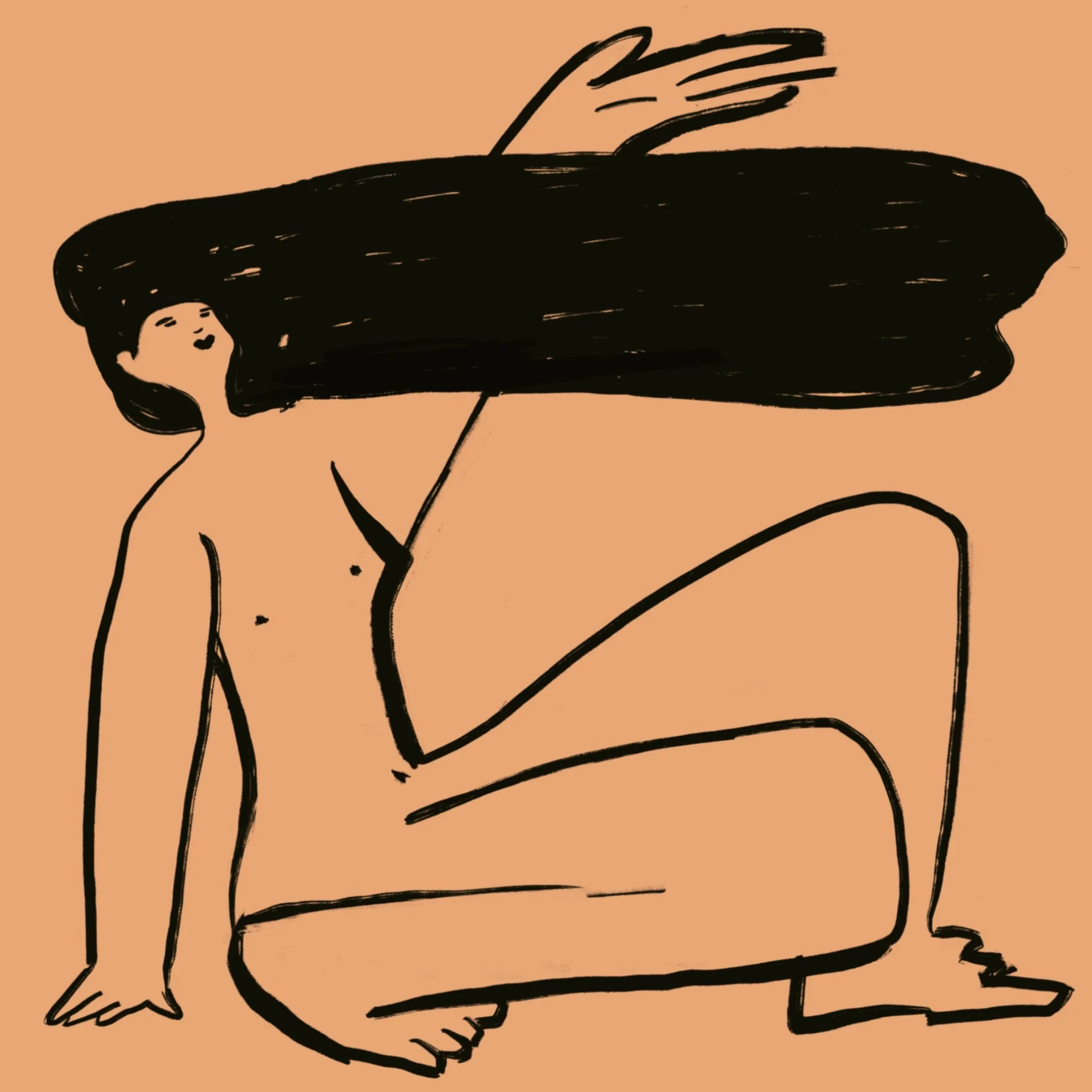 Disegno stilizzato di una donna seduta, con capelli lunghi. La figura è delineata con linee nere su sfondo color pesca.