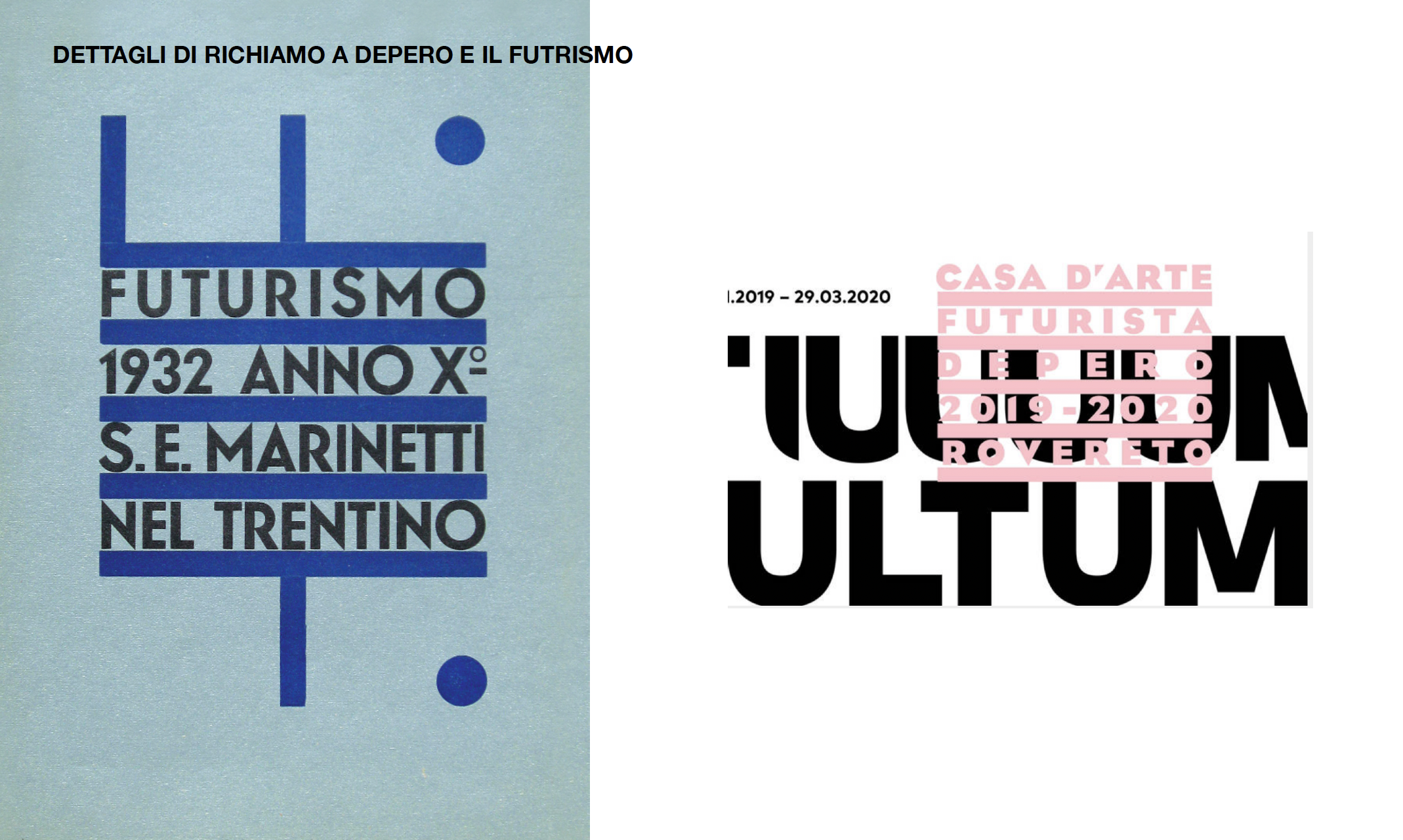 Due poster che trattano del futuro, uno con testo in italiano e l'altro in inglese, entrambi con design grafico moderno e uso di colori vivaci come il blu, il nero e il rosa.
