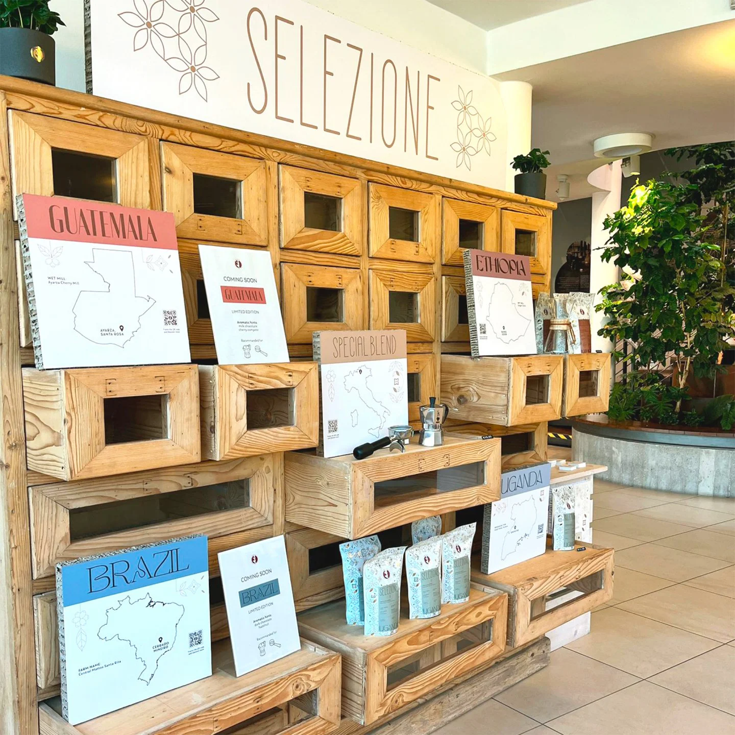 Esposizione di sacchi di caffè e poster informativi su diverse origini di caffè come Guatemala, Etiopia, Brasile e Uganda, organizzata all'interno di un locale con scaffali di legno.