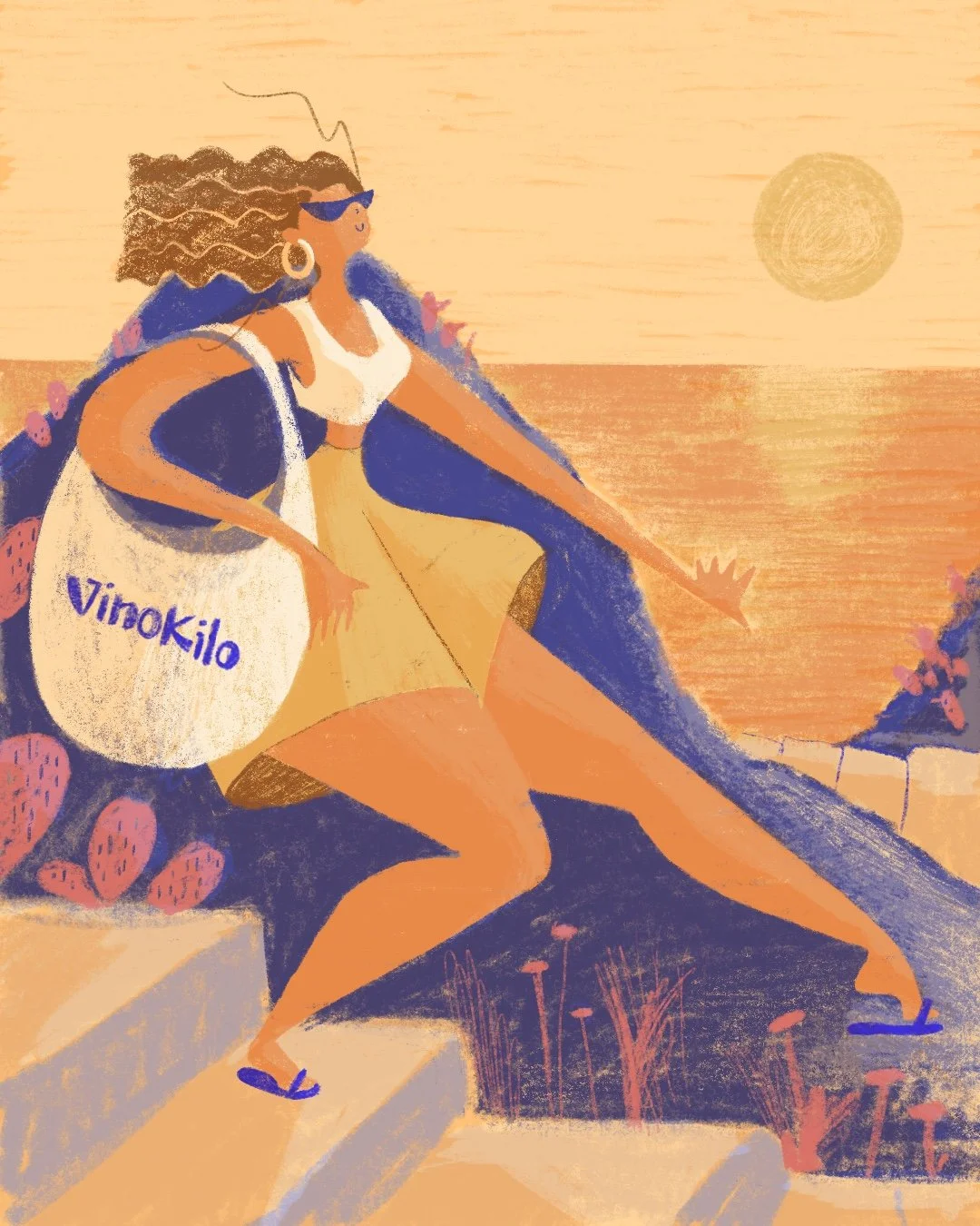 Disegno di una donna seduta al tramonto sulla spiaggia, con cappello e occhiali da sole, che sorride e si rilassa, con una borsa bianca con la scritta 'Vinokilo'.