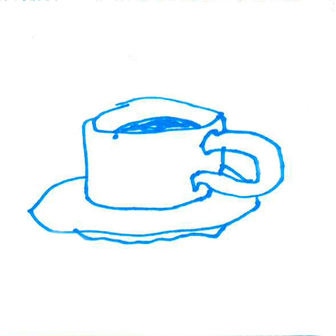 Disegno semplice di una tazza di tè o caffè su un piattino, tutto in linee blu su sfondo bianco.