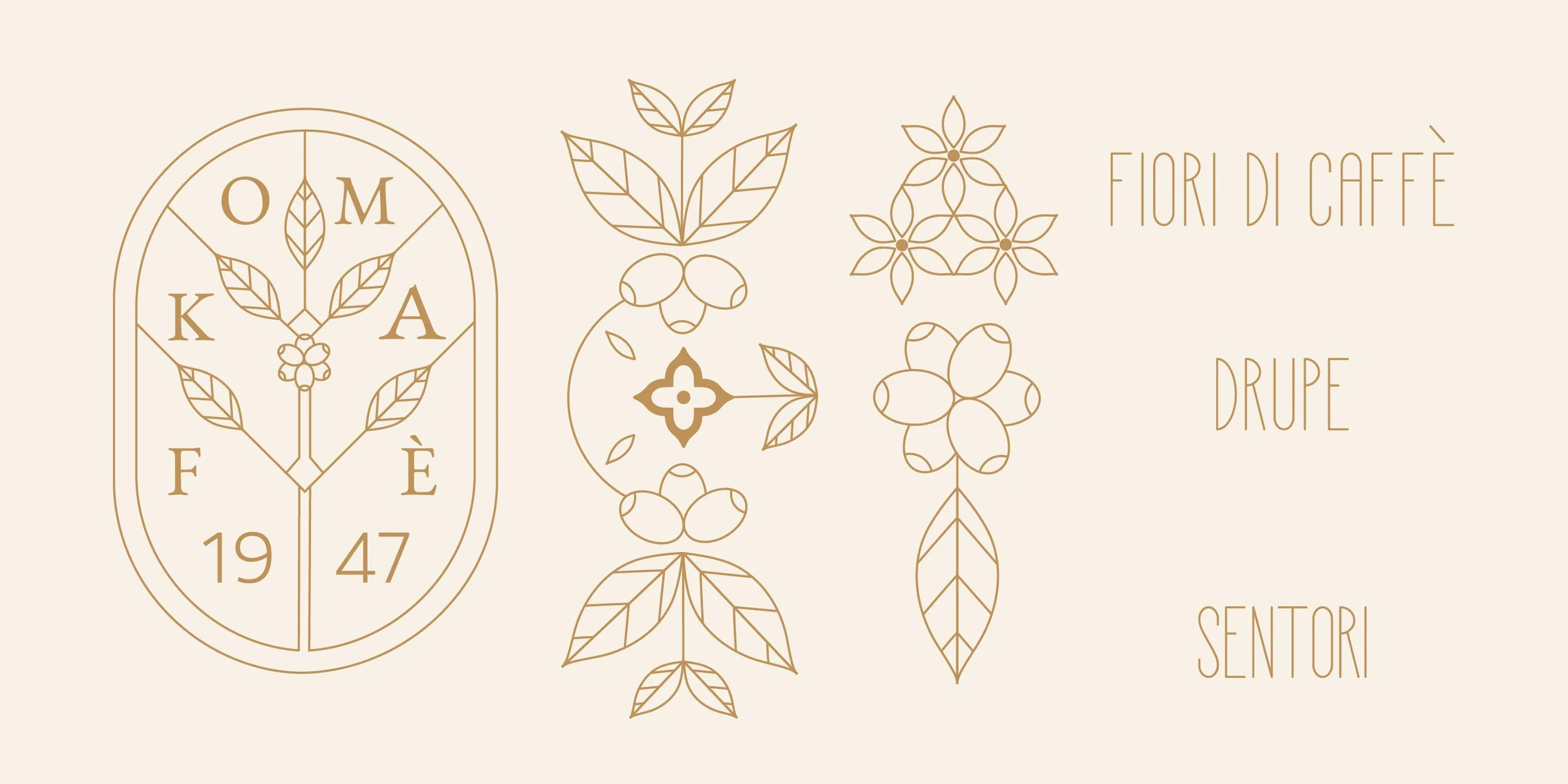 Logo con disegni di piante di caffè, olivo, e fiori, e testo in italiano e francese che menziona fiori di caffè, Drep, e sentori.