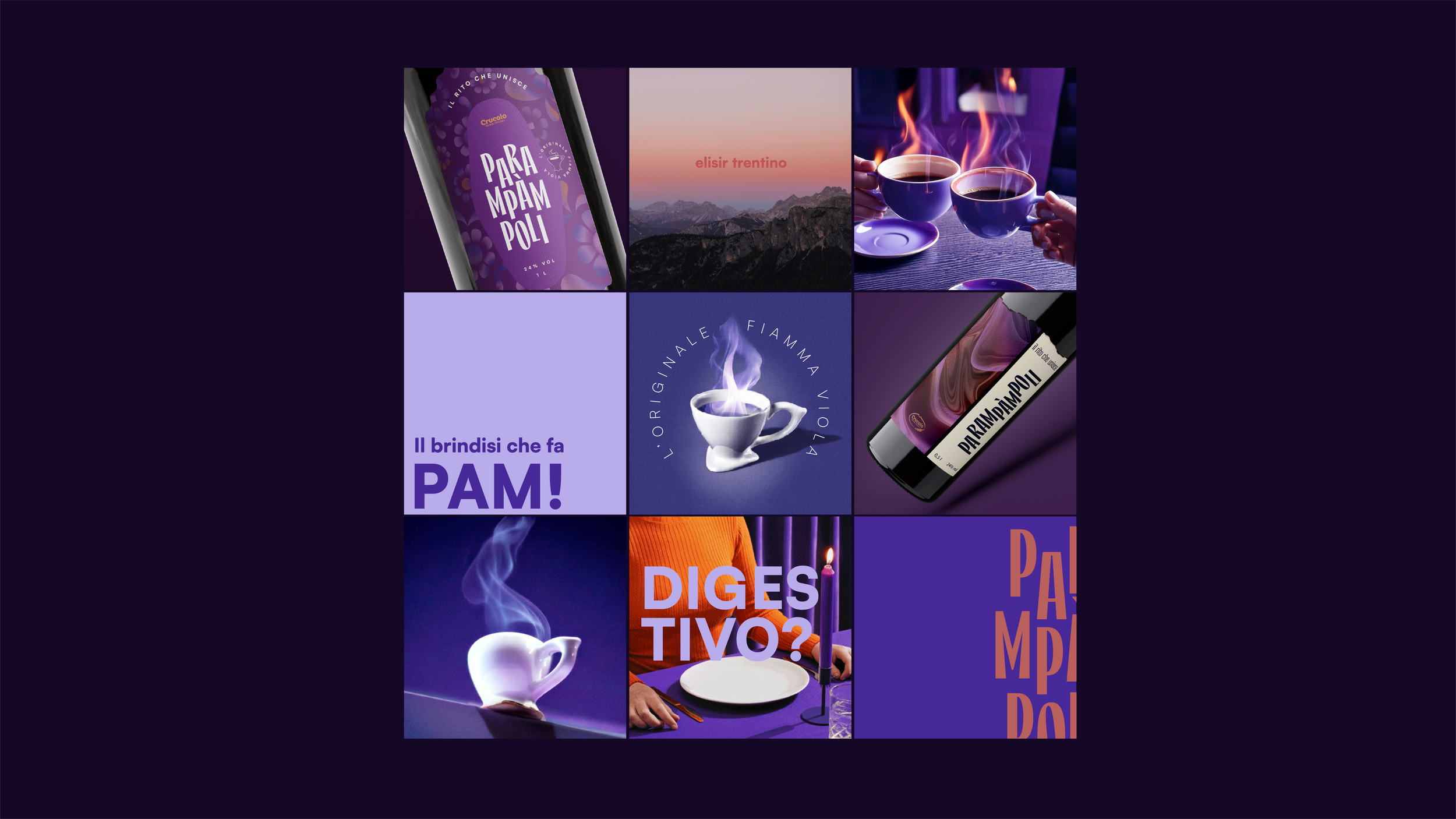 Collage di immagini e testi in tonalità viola e arancione, che includono tazze fumanti di caffè, bottiglie di bevande, paesaggi di montagna al tramonto, e testi come "Il brindisi che fa PAM!", "DIGESTIVO?" e "PARAMPOLI".