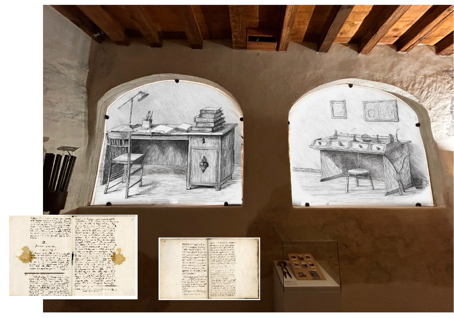 Due disegni a matita di scrivanie e sedie, esposti su una parete di pietra con archi. Sotto, pagine di un libro antico e un contenitore con materiali mostrare in una vetrina.