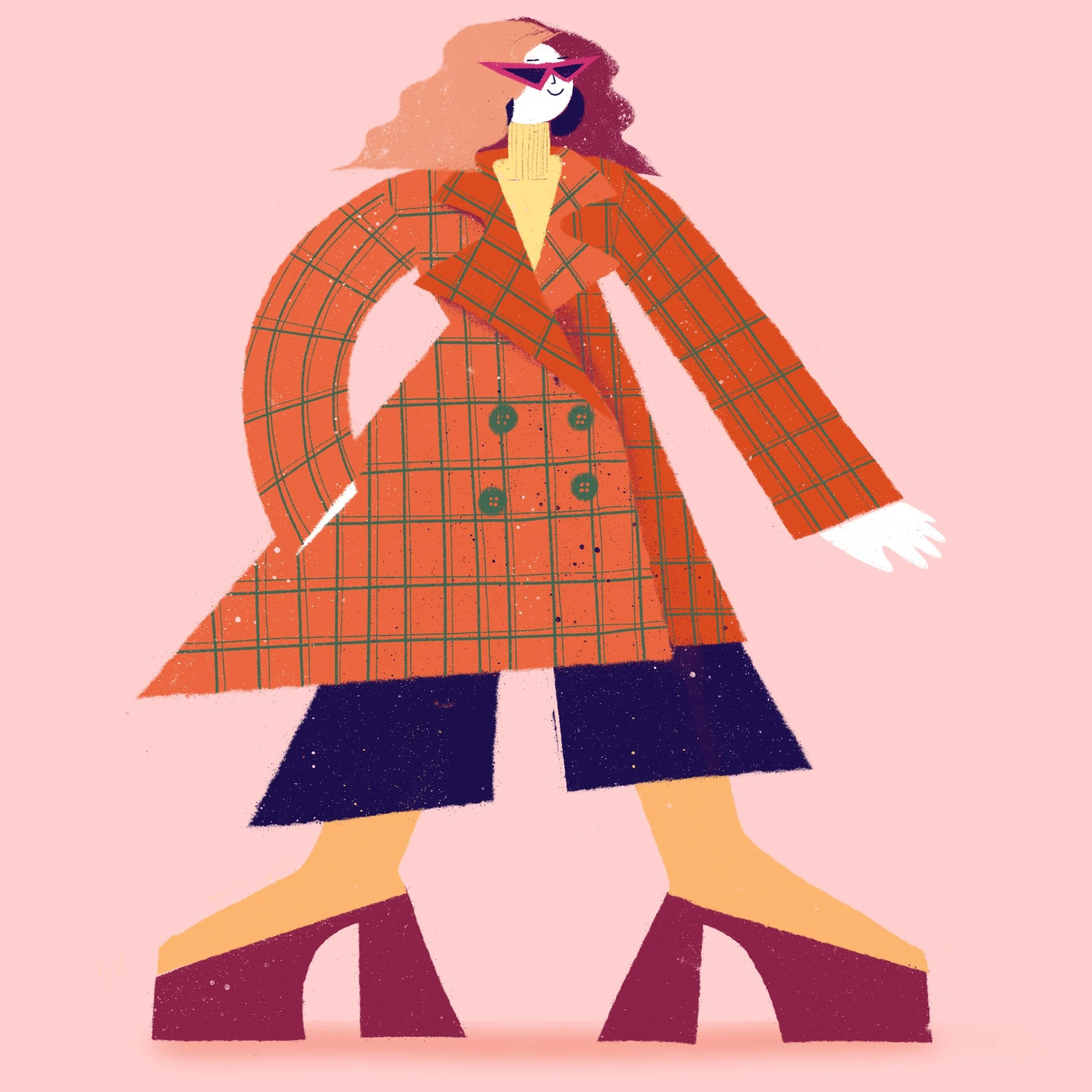 Illustrazione di una donna con capelli rossi, occhiali da sole rosa, giacca a quadri arancione e gonnellina nera, sfondo rosa pastello.