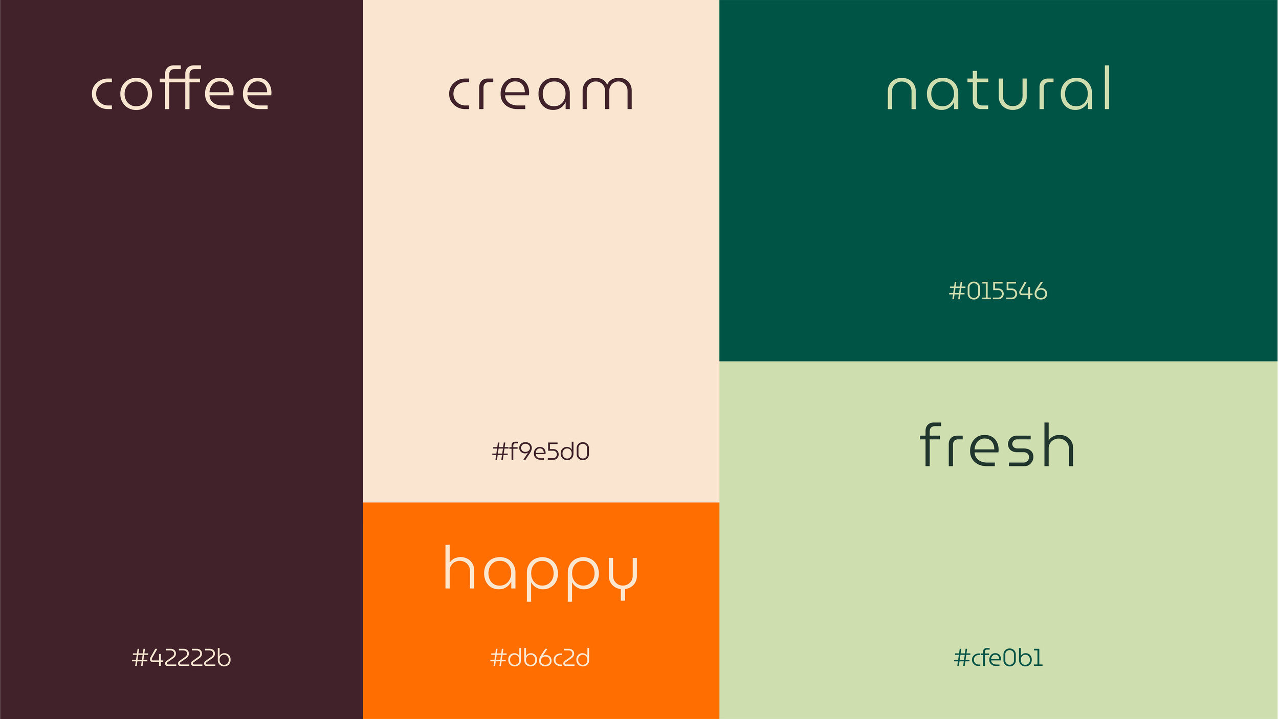 Immagine di una tavolozza di colori con vari colori di sfondo e parole come "coffee", "cream", "natural", "fresh", "happy" con rispettivi codici colore in codice esadecimale.