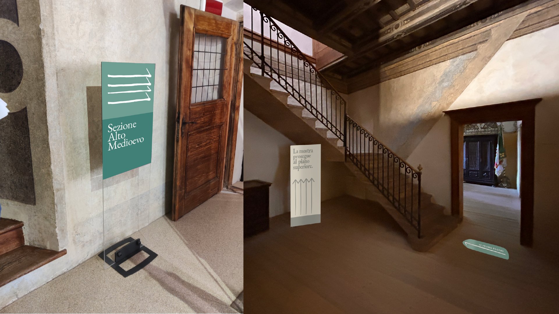 Interrato di un museo con segnali informativi sulla sezione storico-medioevale e la mostra al piano superiore, decorazioni e una scalinata in pietra. Segnali e pannelli informativi in italiano.