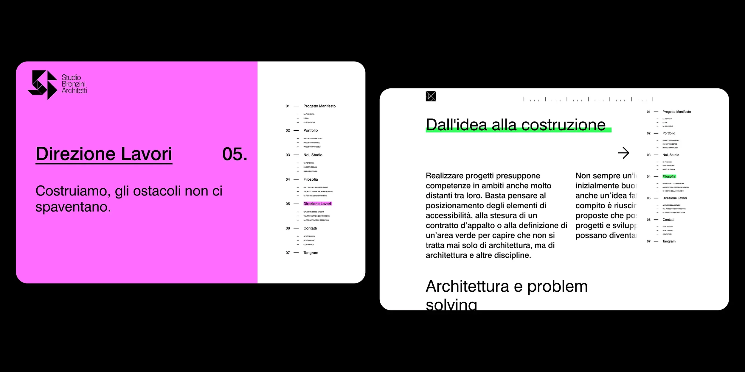 Una presentazione con due pagine di un documento di architettura. La prima pagina ha uno sfondo rosa con il titolo "Direzione Lavori" e il numero 05, sopra il sottotitolo "Costruiamo, gli ostacoli non ci spaventano." La seconda pagina ha uno sfondo bianco con testo che va da "Dall'idea alla costruzione" a varie sezioni e paragrafi sul progetto.