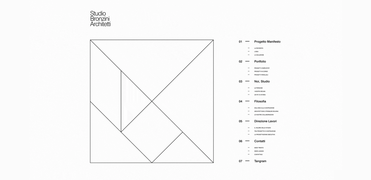 Pagina di un documento di uno studio di architettura chiamato Studio Bronzini Architetti, con un indice di sezioni che include Progetto Manifesto, Portfolio, Noi, Studio, Filosofia, Direzione Lavori, Contatti e Tangram.