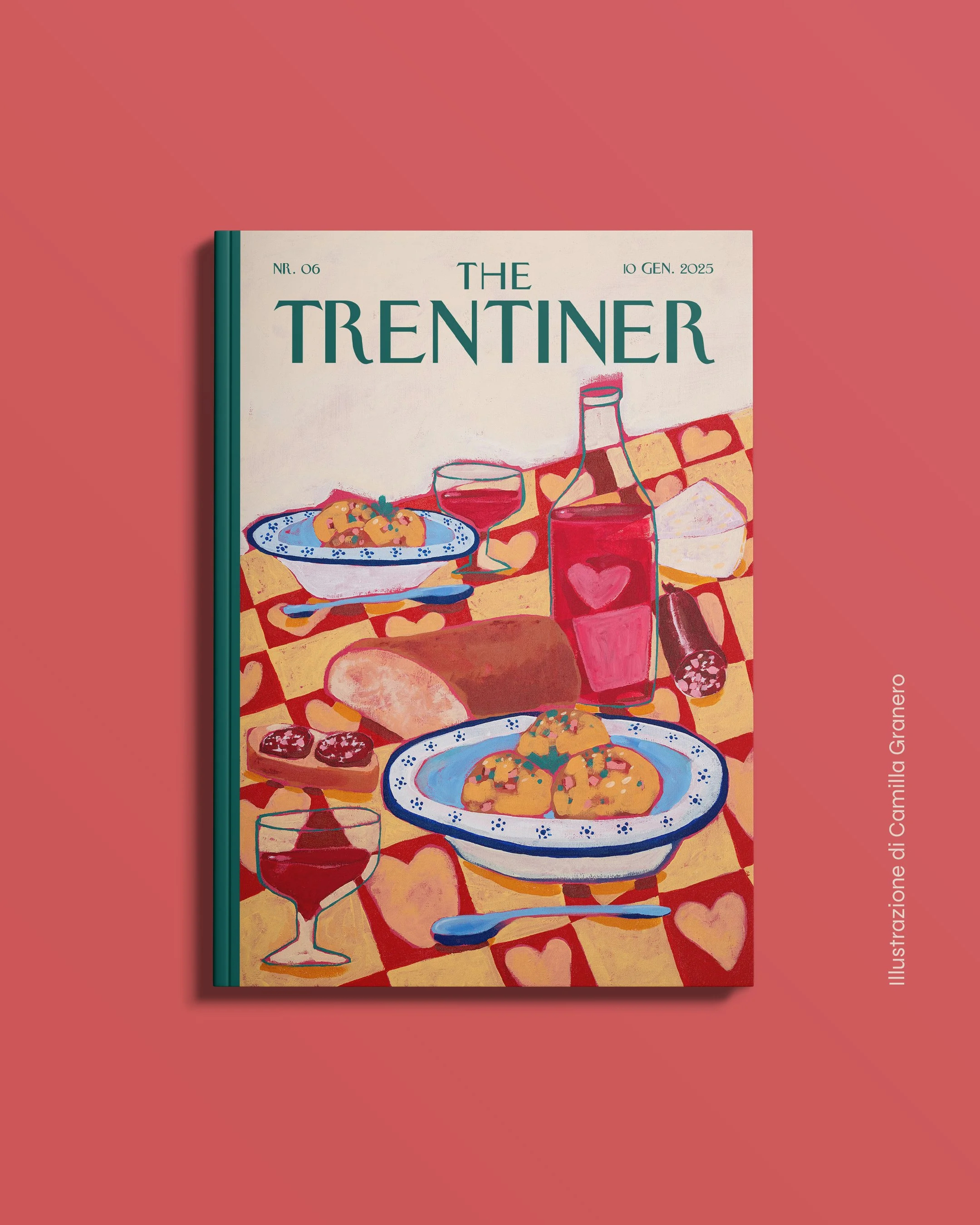 Copertina di un libro intitolato "The Trentino" con un'illustrazione di una tavola imbandita con cibo e bevande, tra cui un piatto di pasta, un bicchiere di vino, e una bottiglia