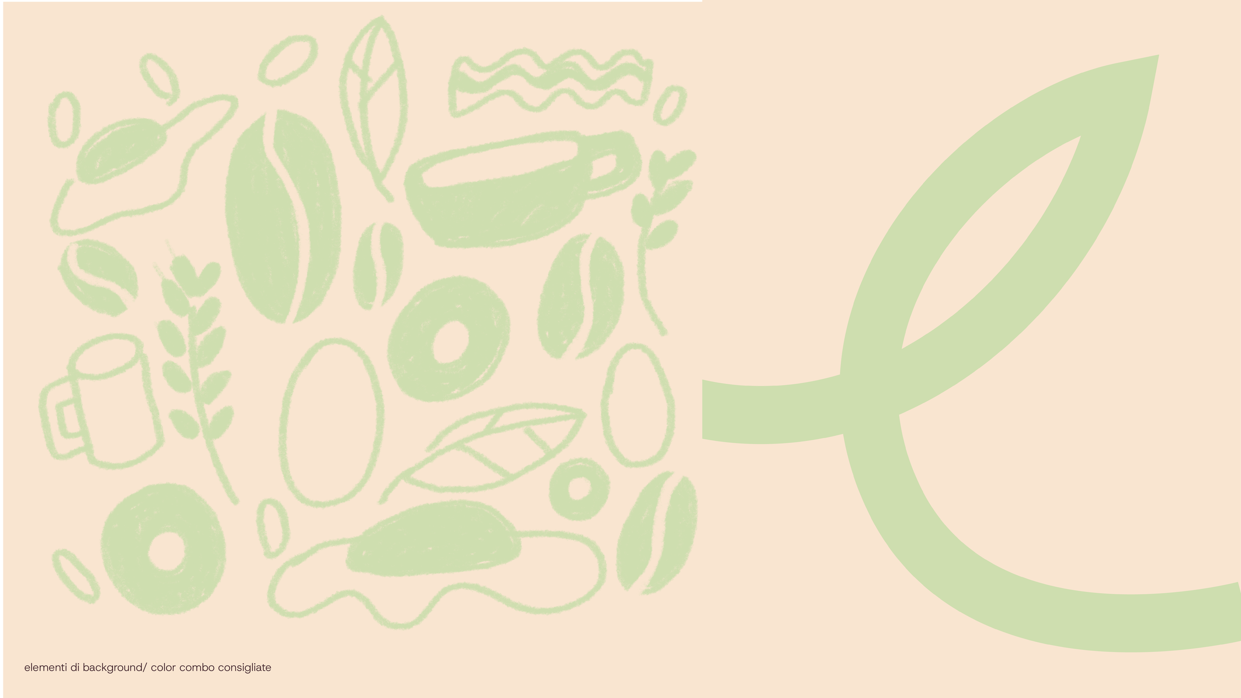 Illustrazione astratta con forme di foglie, gocce e una tazza, in tonalità di verde su sfondo beige