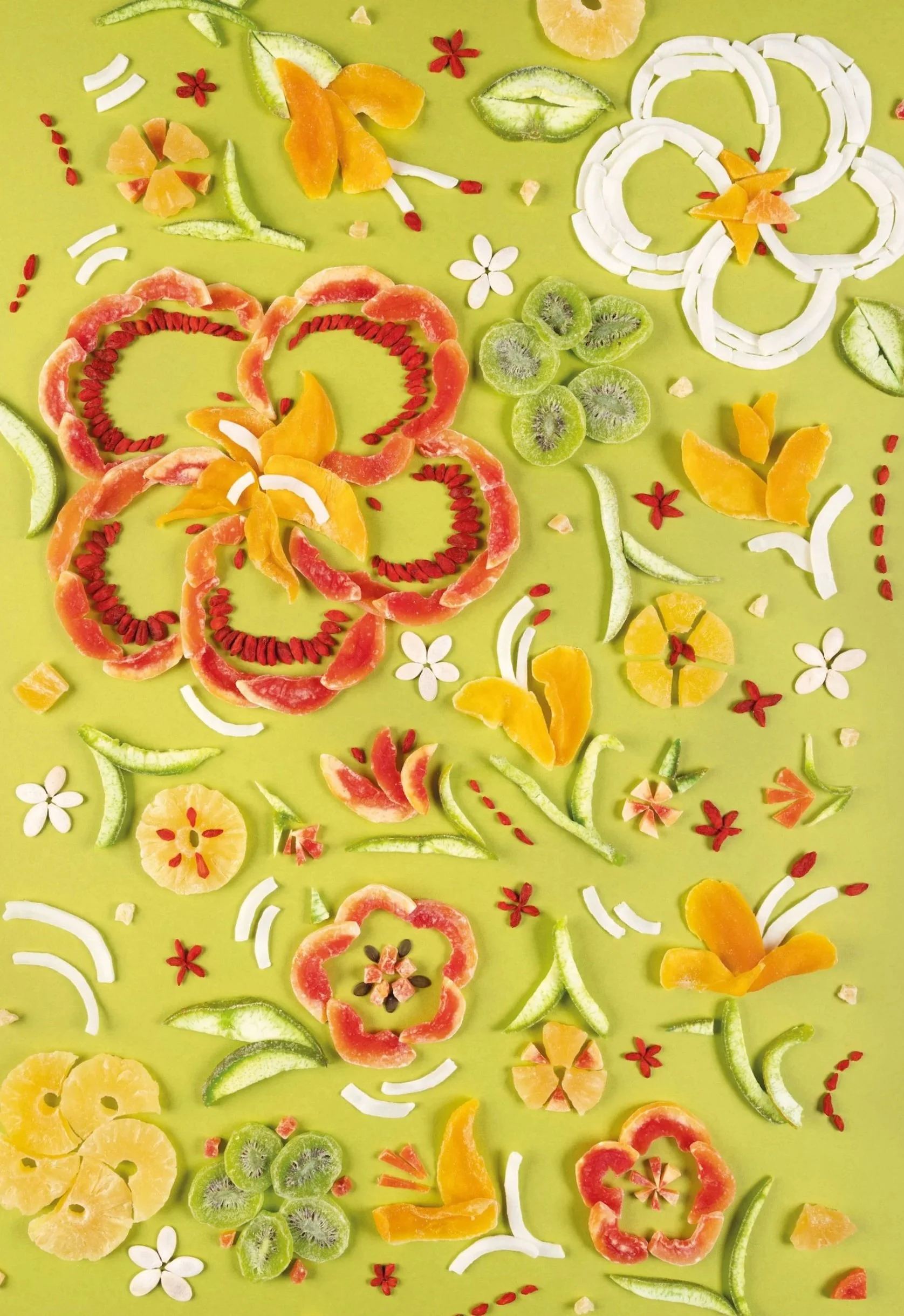 Varie fette di frutta disposte artisticamente su uno sfondo verde, inclusi kiwi, limone, arancia, mango, fragola, uva, ananas e altri frutti, accompagnate da decorazioni floreali e forme di fiore.