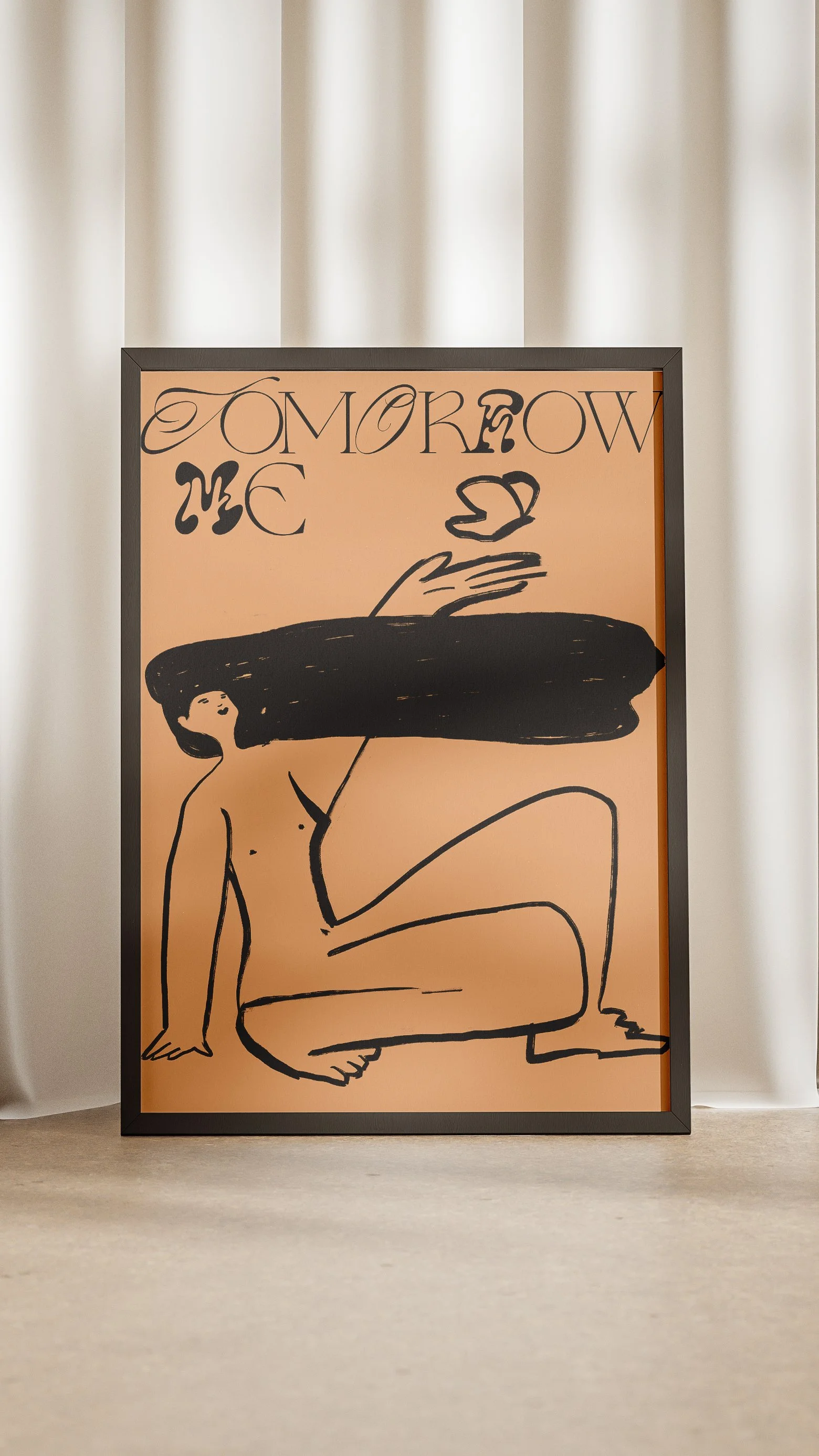 Poster sulla parete con illustrazione di una donna seduta in una posa artistica, con testo 'Tomorrow is a new day' scritto sopra.