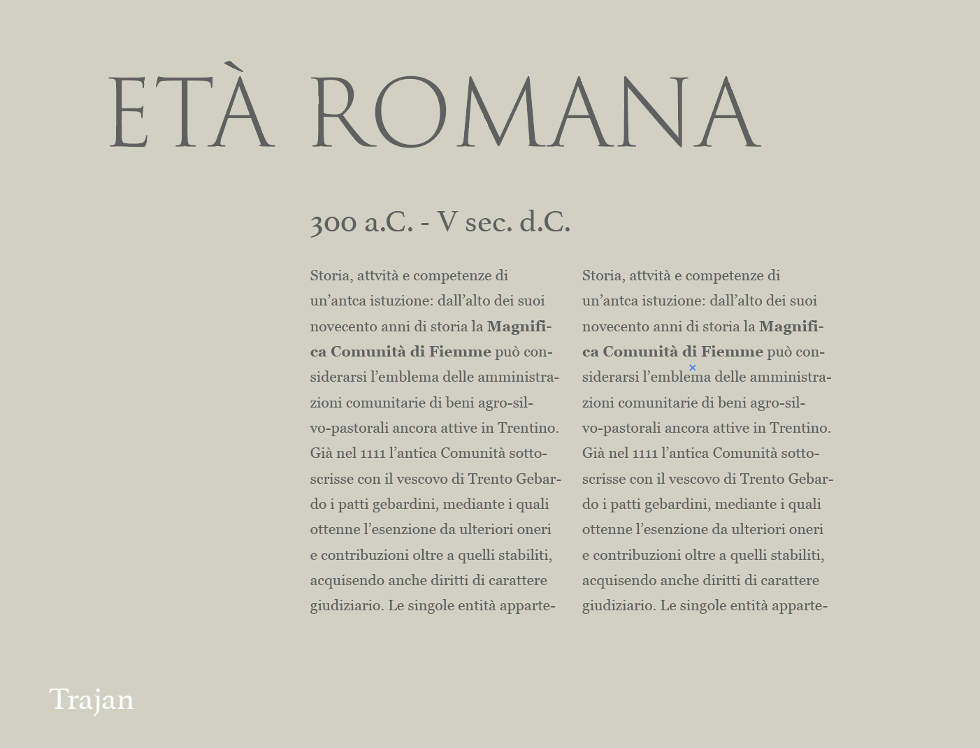 Titolo 'ETÀ ROMANA' con sottotitolo '300 a.C. - V sec. d.C.' e testo descrittivo in italiano. Sfondo chiaro, testo nero, e la parola 'Trajan' in basso a sinistra.