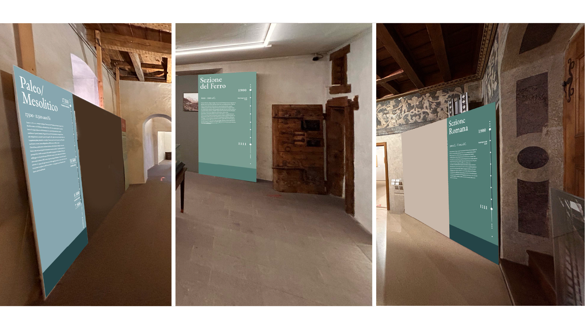 Mostra di pannelli informativi storici in una mostra o museo, con testi sulla preistoria, l'epoca ferro e l'epoca romana, ambientata in un interno con arte e architettura tradizionale