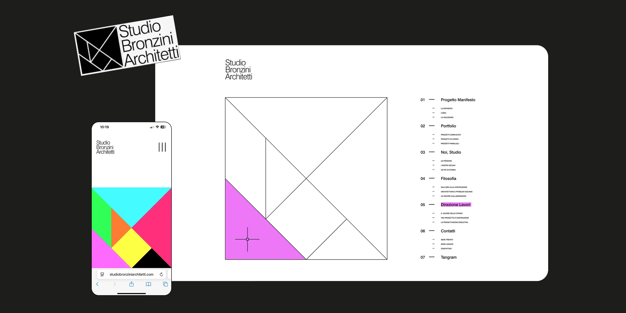 progetto architettonico con sezioni colorate, affiancato da uno smartphone che mostra il sito web dello studio Bronzini Architetti, con logo e menu di navigazione.