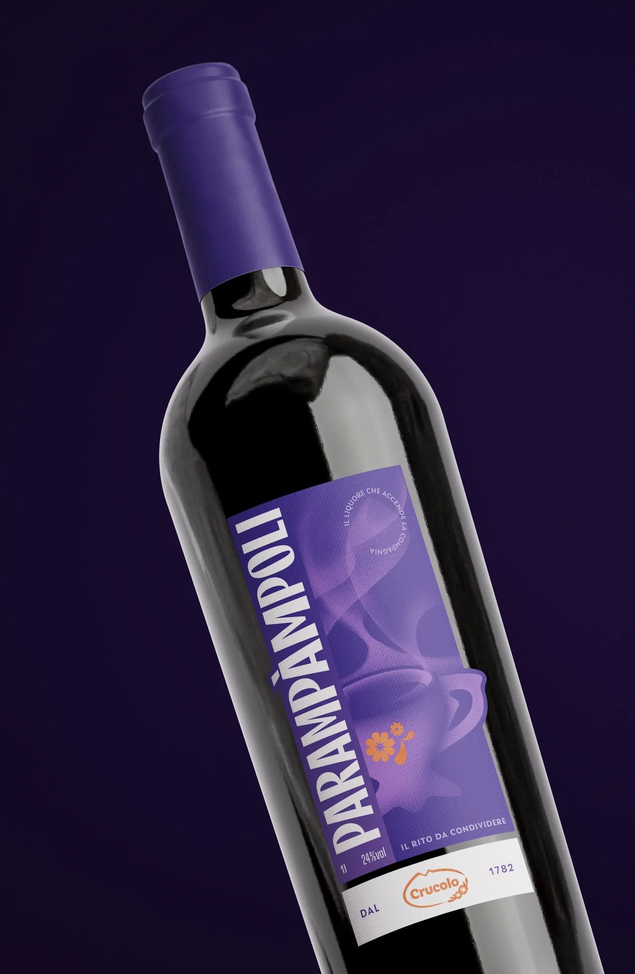 Bottiglia di vino rosso con etichetta viola e dettagli arancioni, titolare 'Parrampol'.