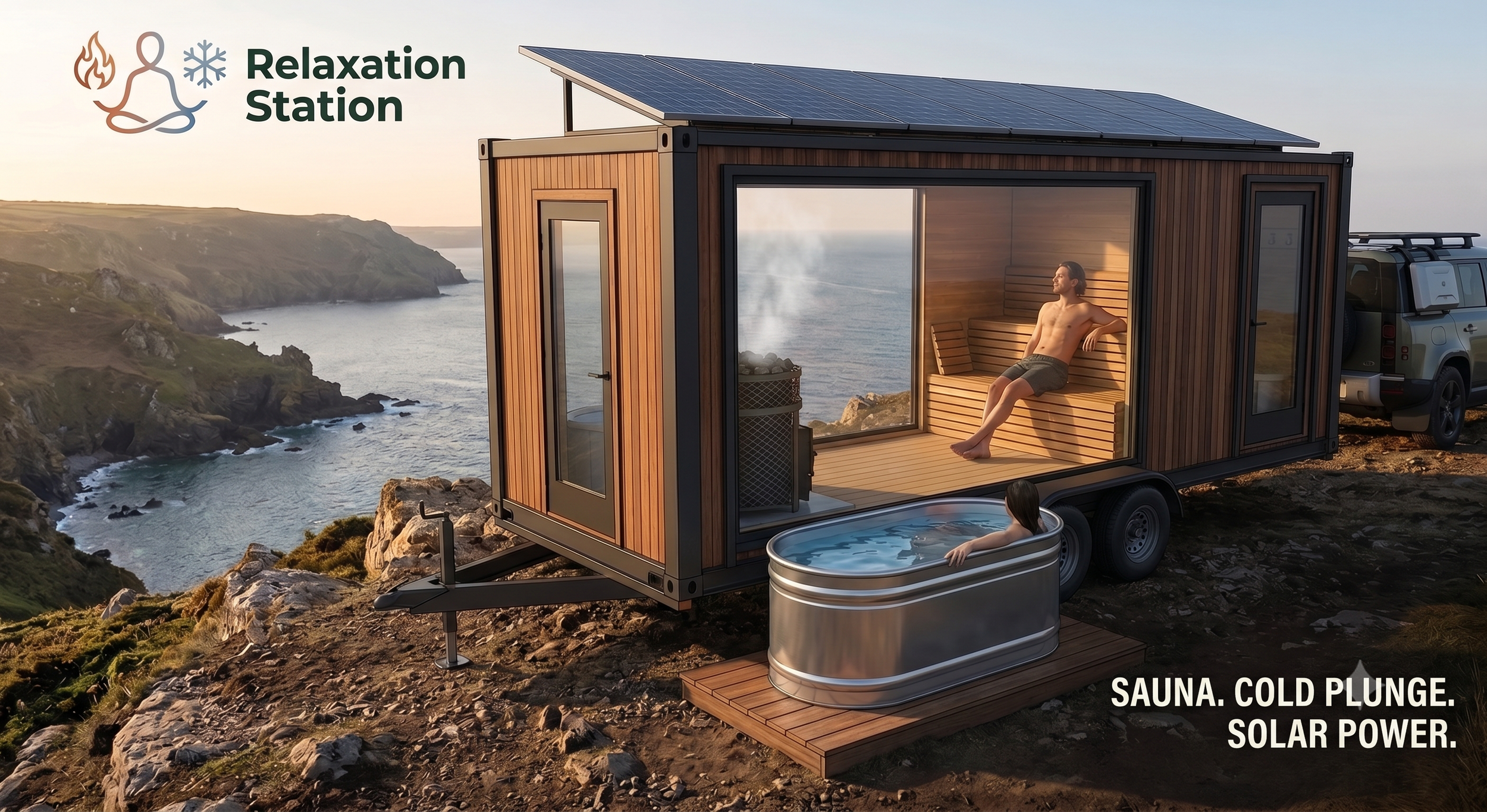 A mobile relaxation station with wood paneling and solar panels on the roof, situated on a rocky cliff overlooking the ocean, with a person inside enjoying a sauna and cold plunge pool.