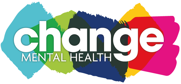 A colorful graphic with the word 'change' and 'MENTAL HEALTH' in white, featuring various bright coloured shapes and a silhouette of a head. The logo of Change mental Health.