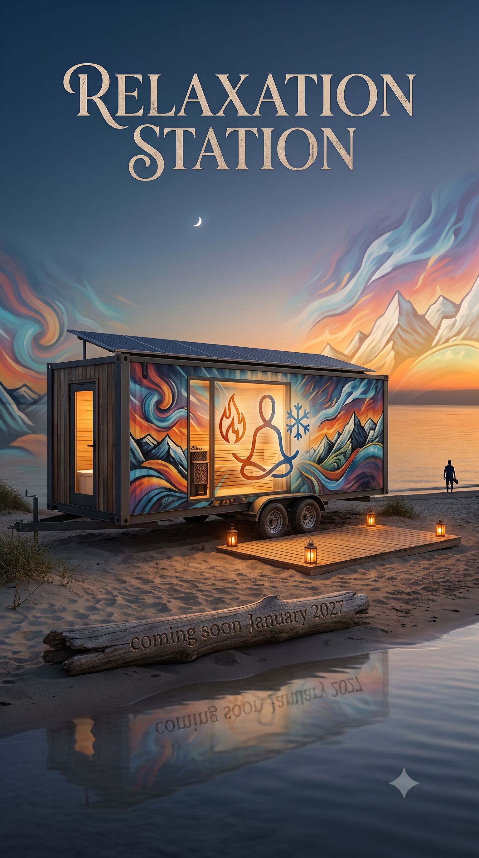 A colorful outdoor relaxation station trailer on the beach at sunset, with a mural of mountains and swirling sky, featuring symbols for fire, water, and meditation. The sign reads "Relaxation Station" and mentions "coming soon January 2027."