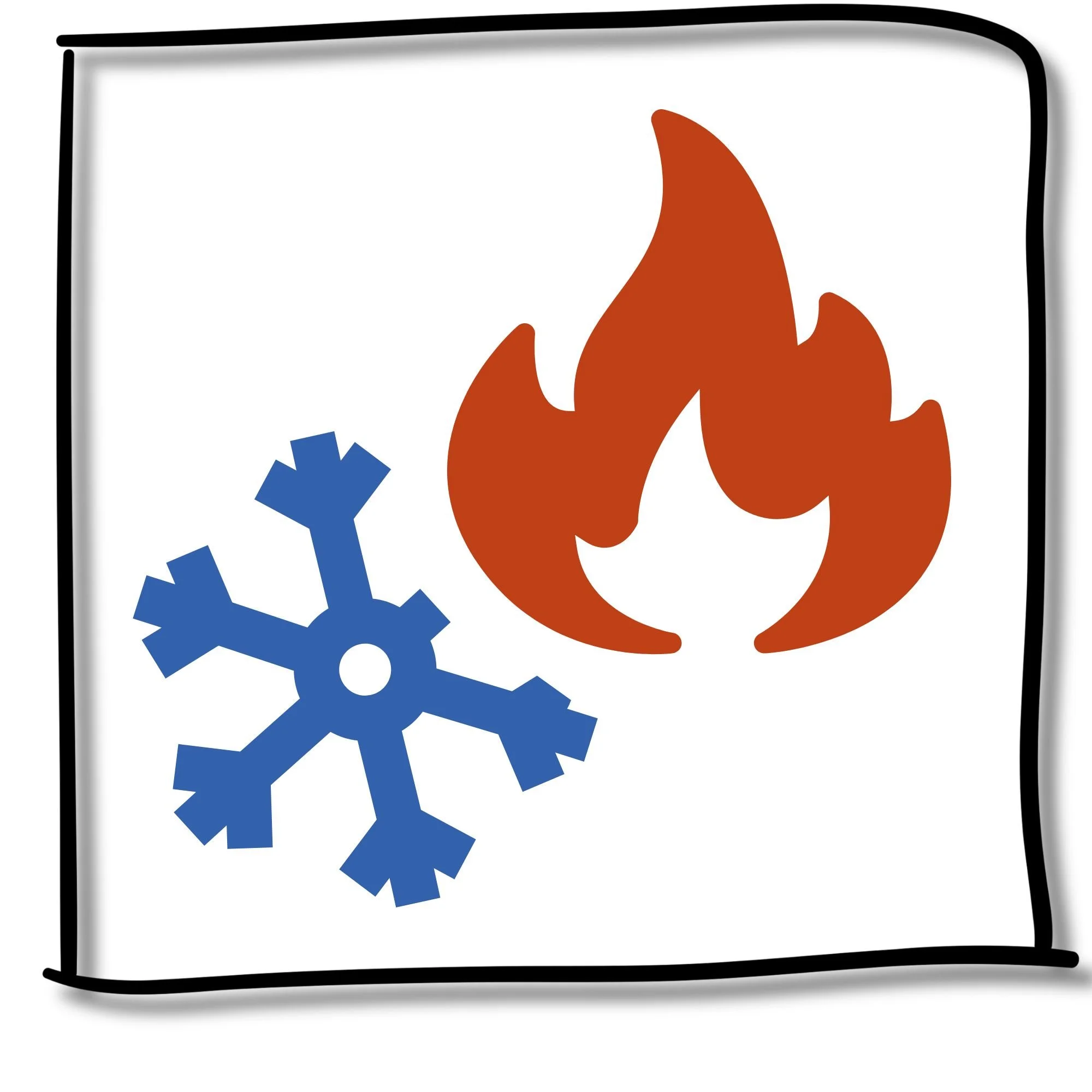 A warning label with a flame symbol in red and blue gears indicating fire hazard.