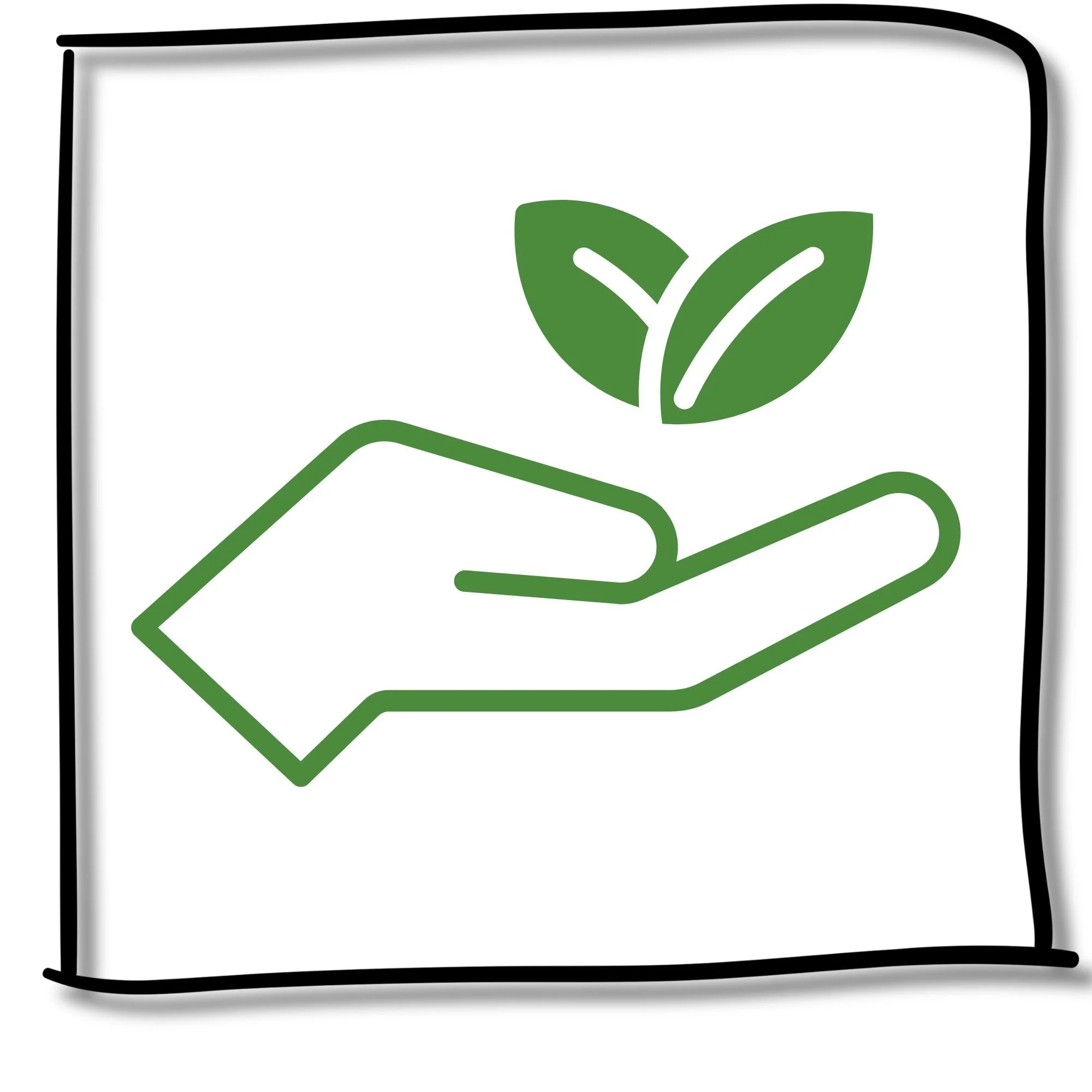 A rectangular white package with a green leaf logo on it, hovering above a hand.
